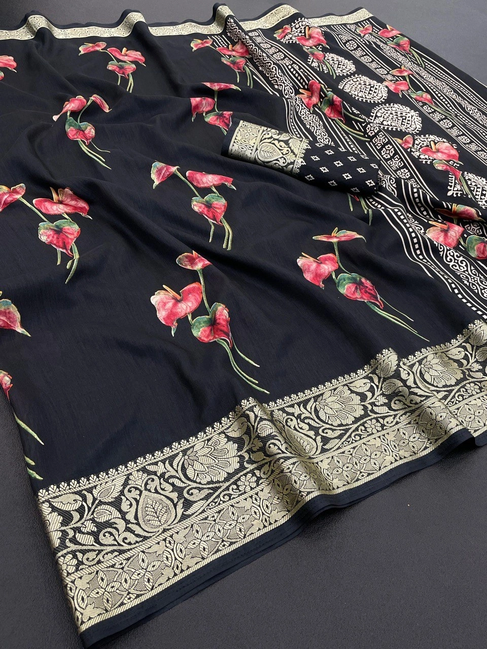 Floral Soft Silk Saree with Viscose Border and Blouse-GRO-1958-B-Black