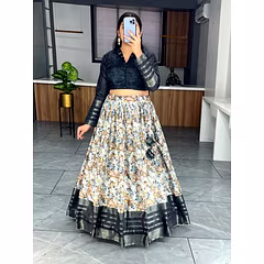 Soft Silk Lehenga with Prints and Weaving Border - Stitched