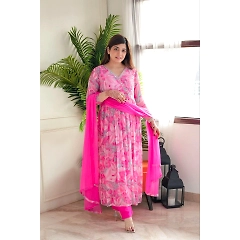 Printed Georgette Gown Set with Embroidered Dupatta