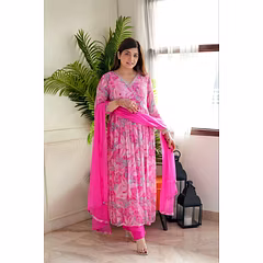 Printed Georgette Gown Set with Embroidered Dupatta