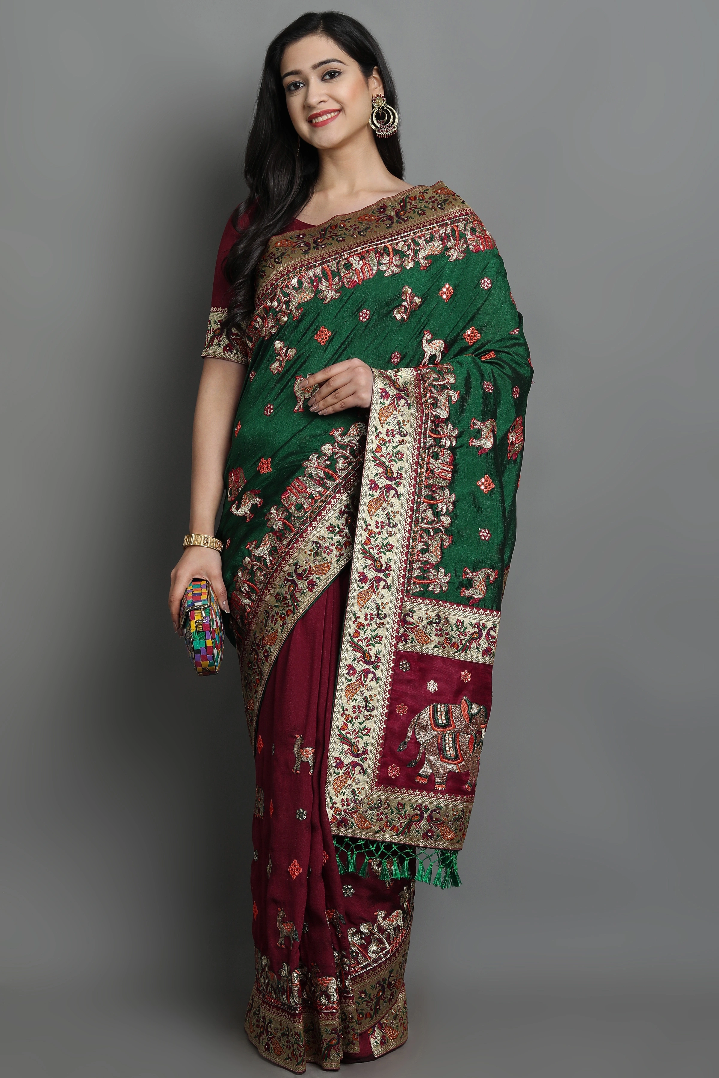 Silk Half Half Saree Set with Heavy Embroidery-Green-1