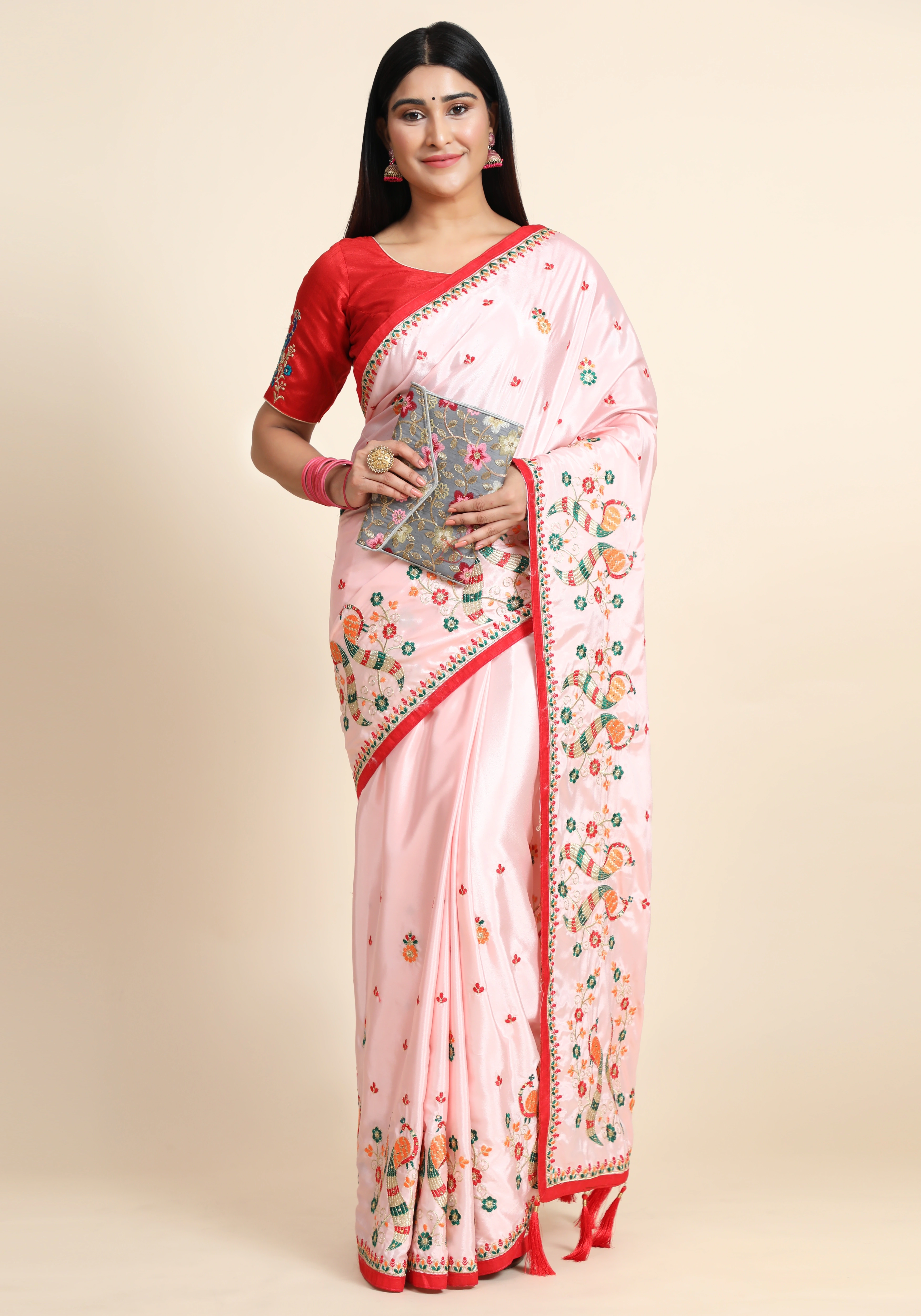 Embroidered Crepe Silk Saree with Diamond Detailing-RSC-KUMKUM-101-Pink