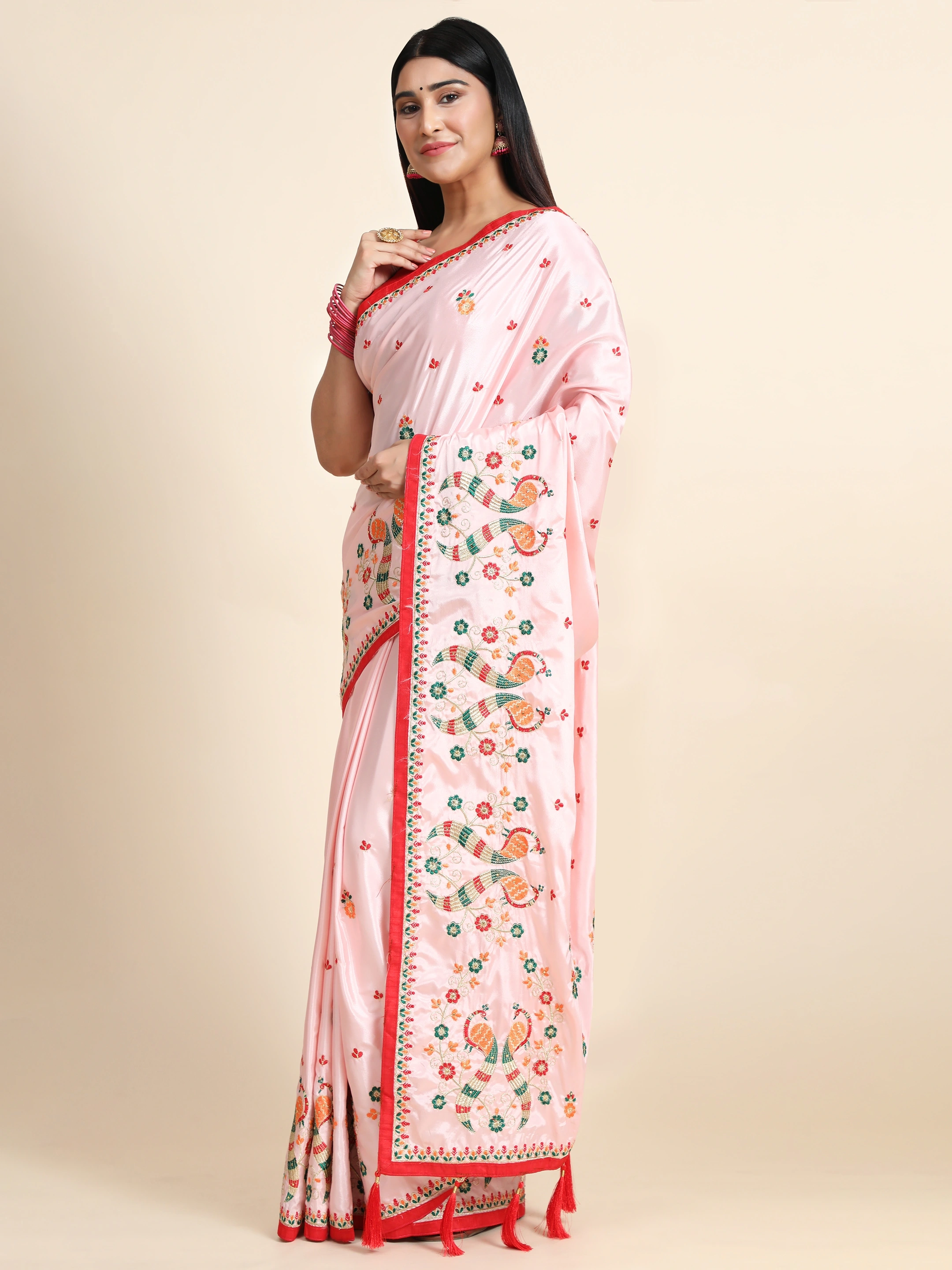 Embroidered Crepe Silk Saree with Diamond Detailing-Pink-1