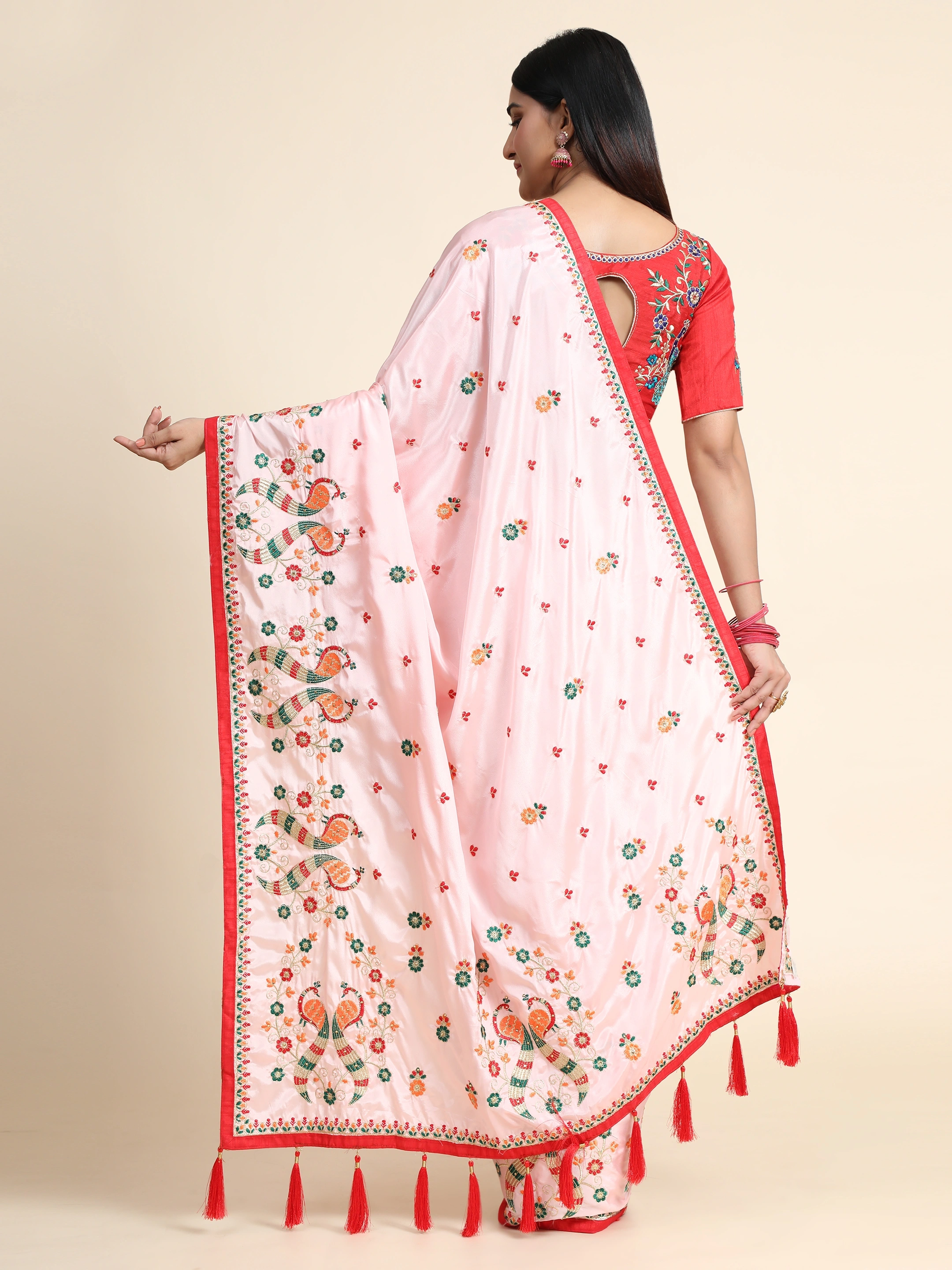 Embroidered Crepe Silk Saree with Diamond Detailing-Pink-2