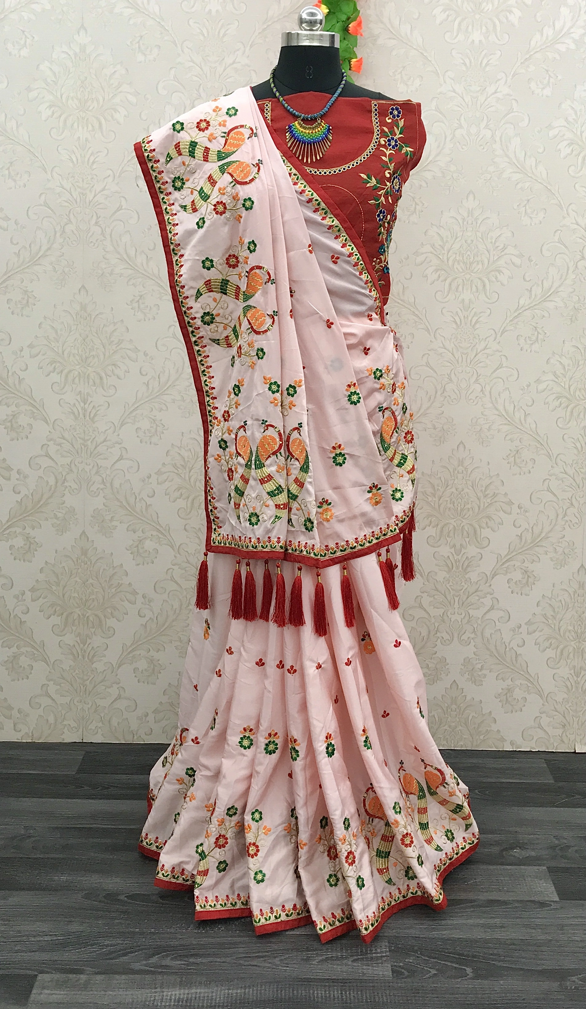 Embroidered Crepe Silk Saree with Diamond Detailing-Pink-3