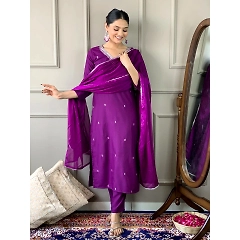 Sequence-Embroidered Reyone Kurta Set with Chinon Dupatta
