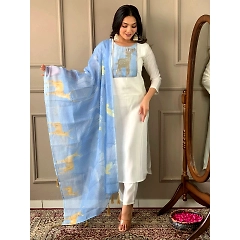 Silk Embroidered Kurta Set with Printed Dupatta
