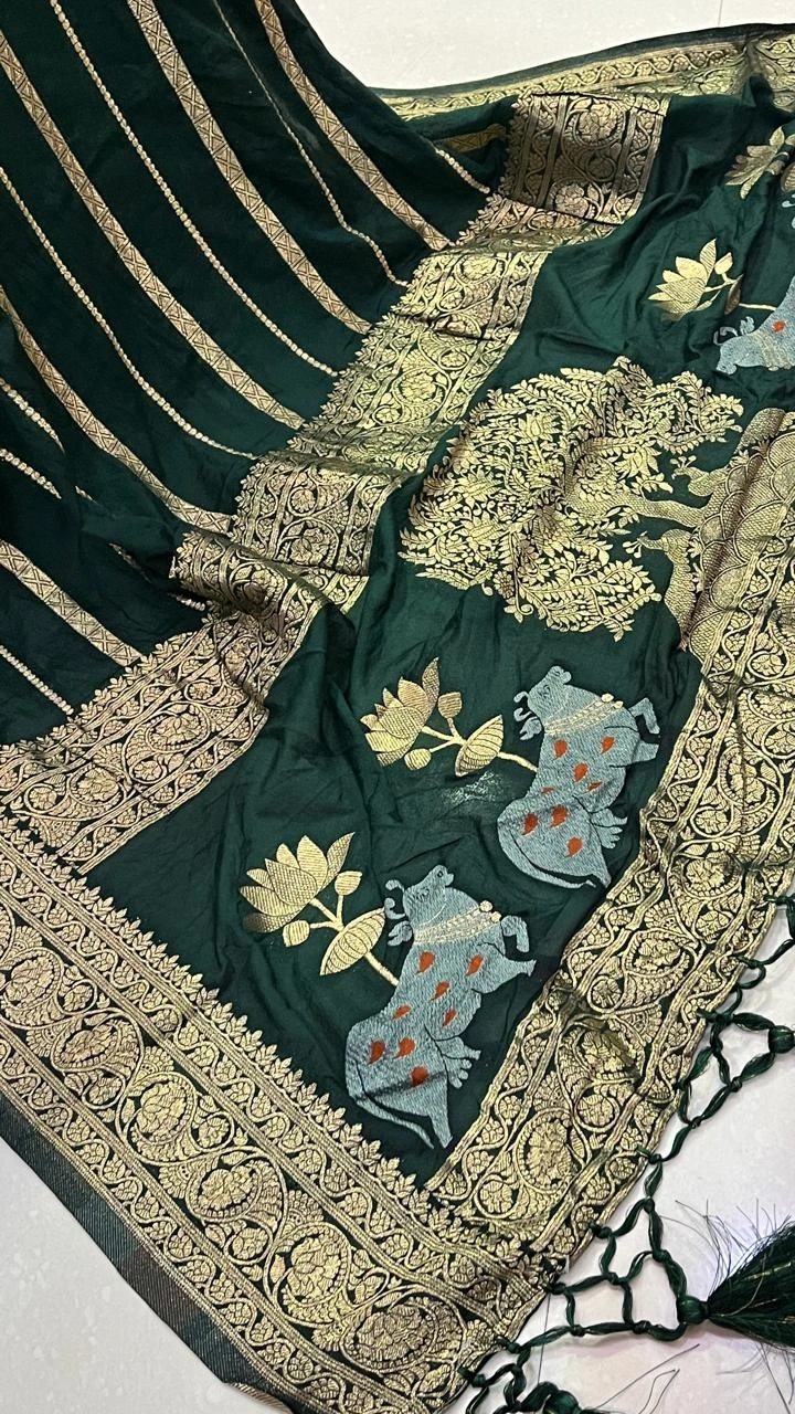 Soft Silk Saree: Elegant Khadi Georgette with Rich Zari Weaving-Green-1