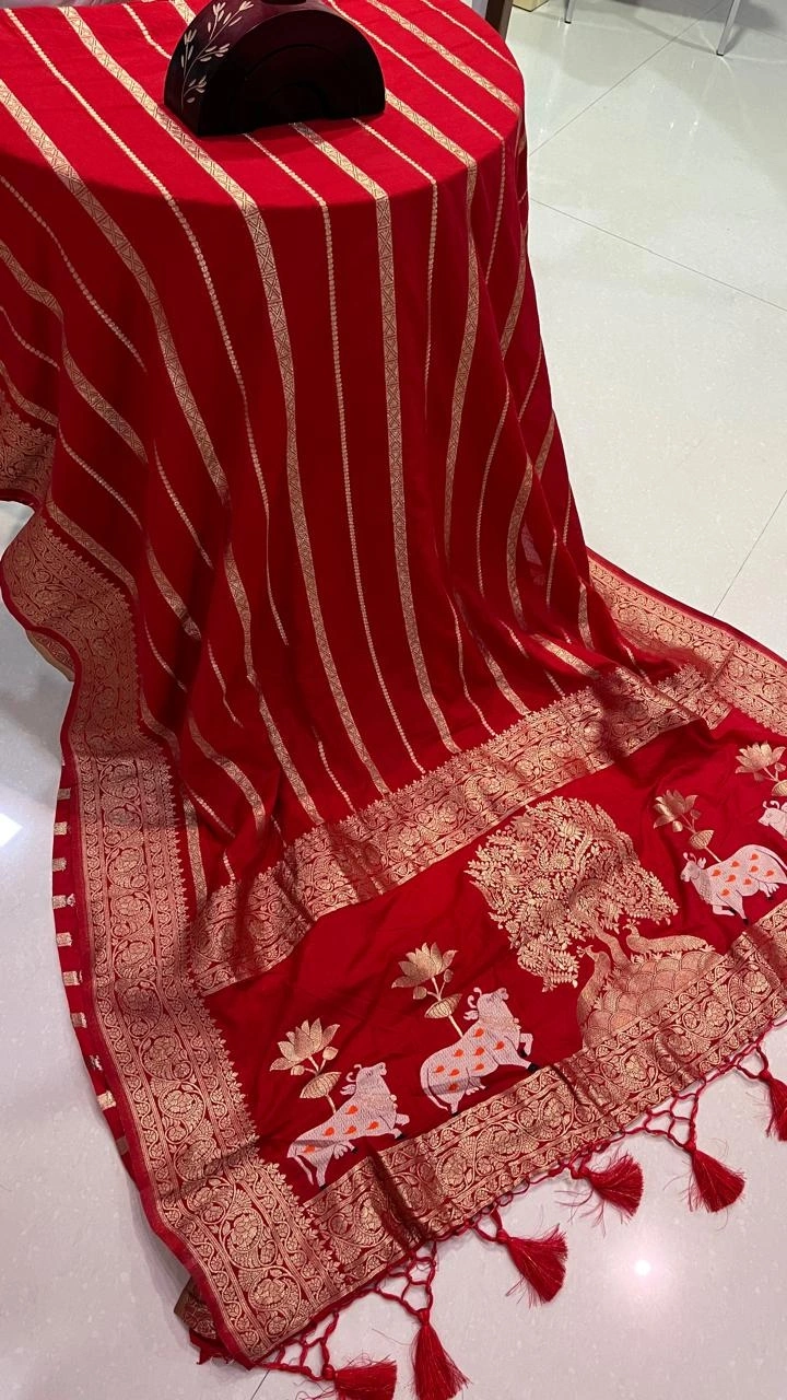 Soft Silk Saree: Elegant Khadi Georgette with Rich Zari Weaving-ANT-24-Red