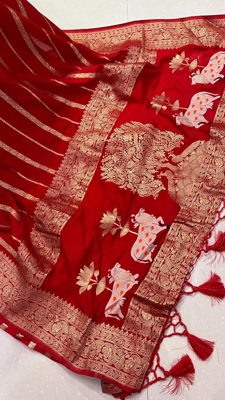 Soft Silk Saree: Elegant Khadi Georgette with Rich Zari Weaving-Red-1