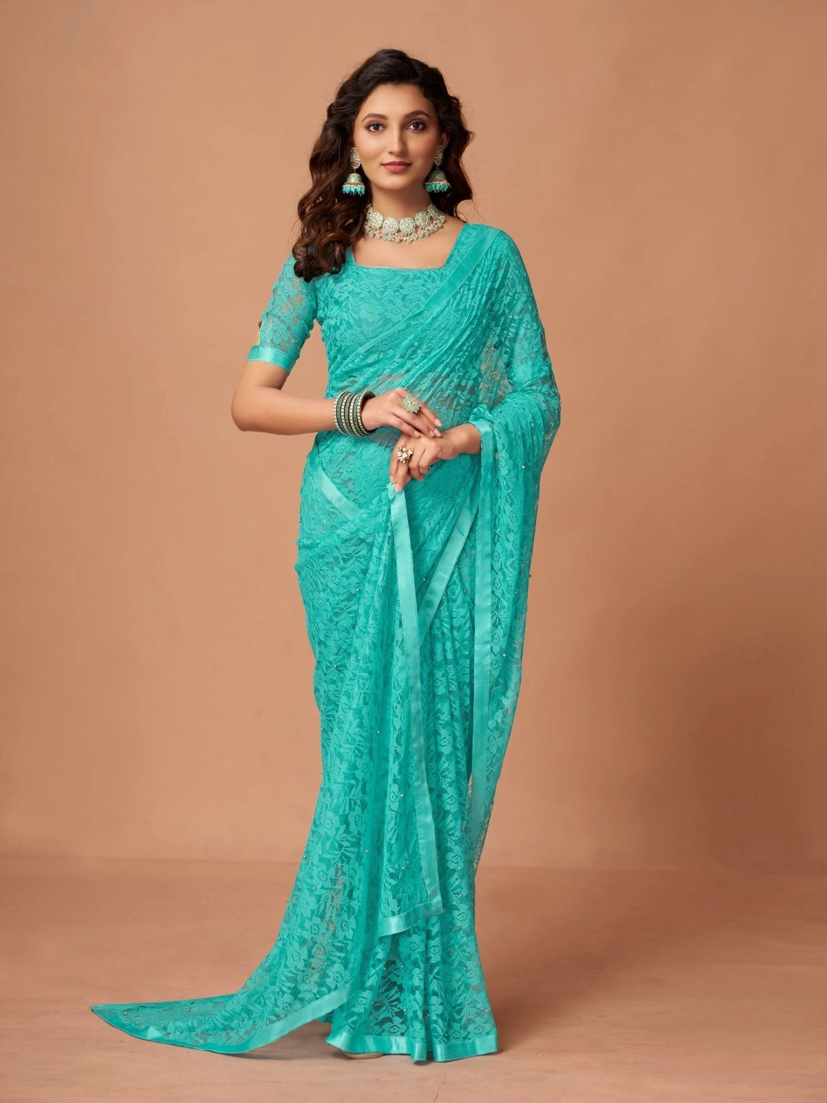 Soft Net Brasso Saree with Beautiful Flower Design and Jacquard Weaves-RDM-16-Rama