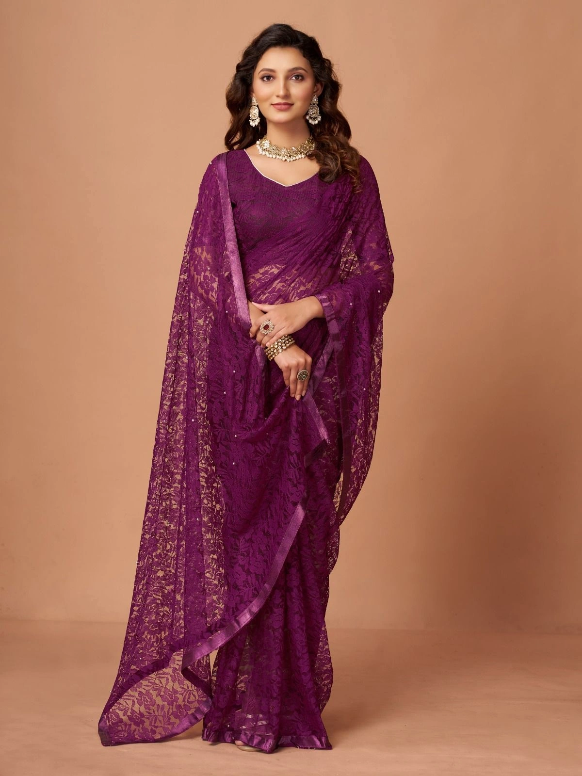 Soft Net Brasso Saree with Beautiful Flower Design and Jacquard Weaves-Wine-1