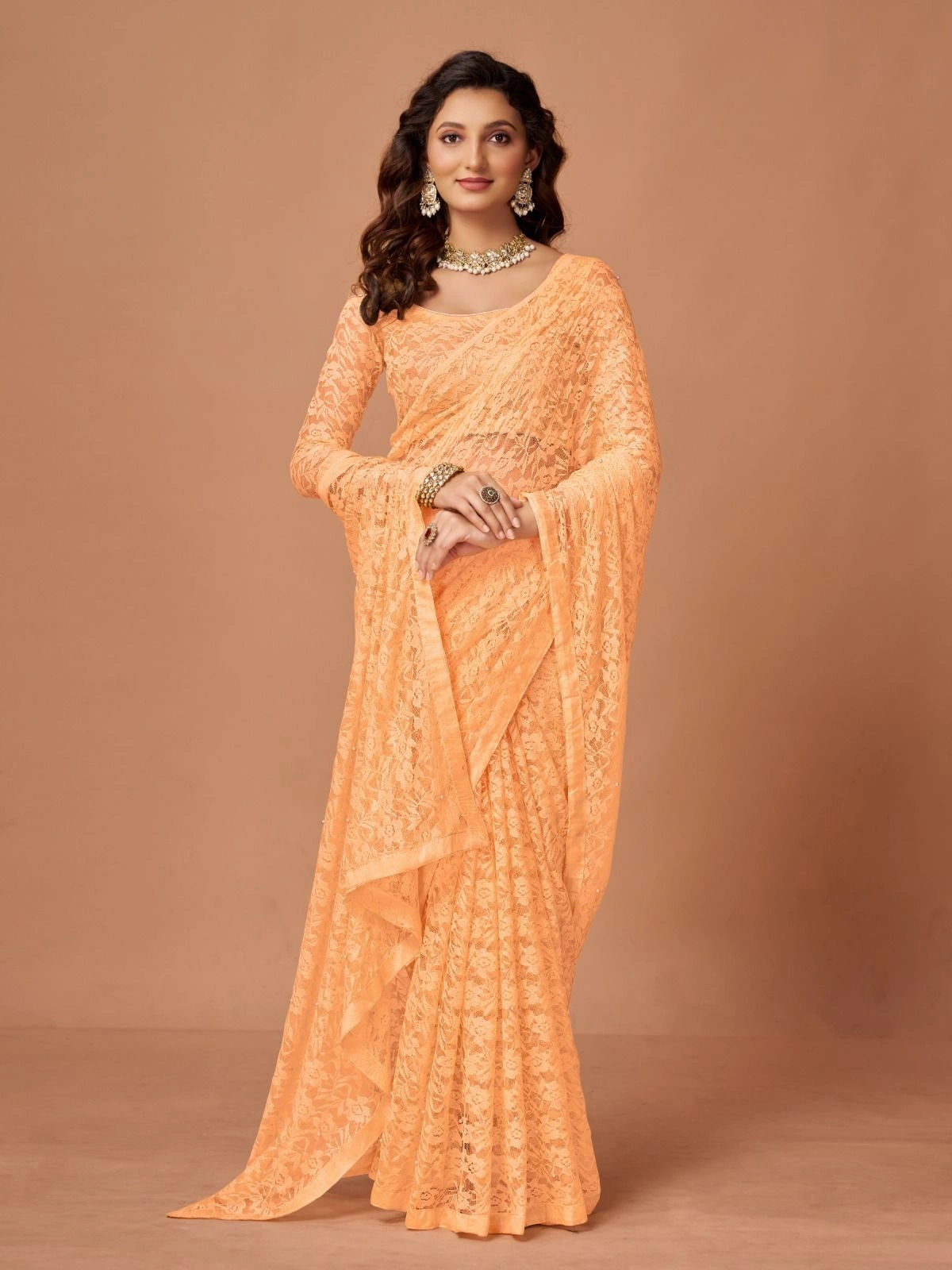 Soft Net Brasso Saree with Beautiful Flower Design and Jacquard Weaves-Beige-1