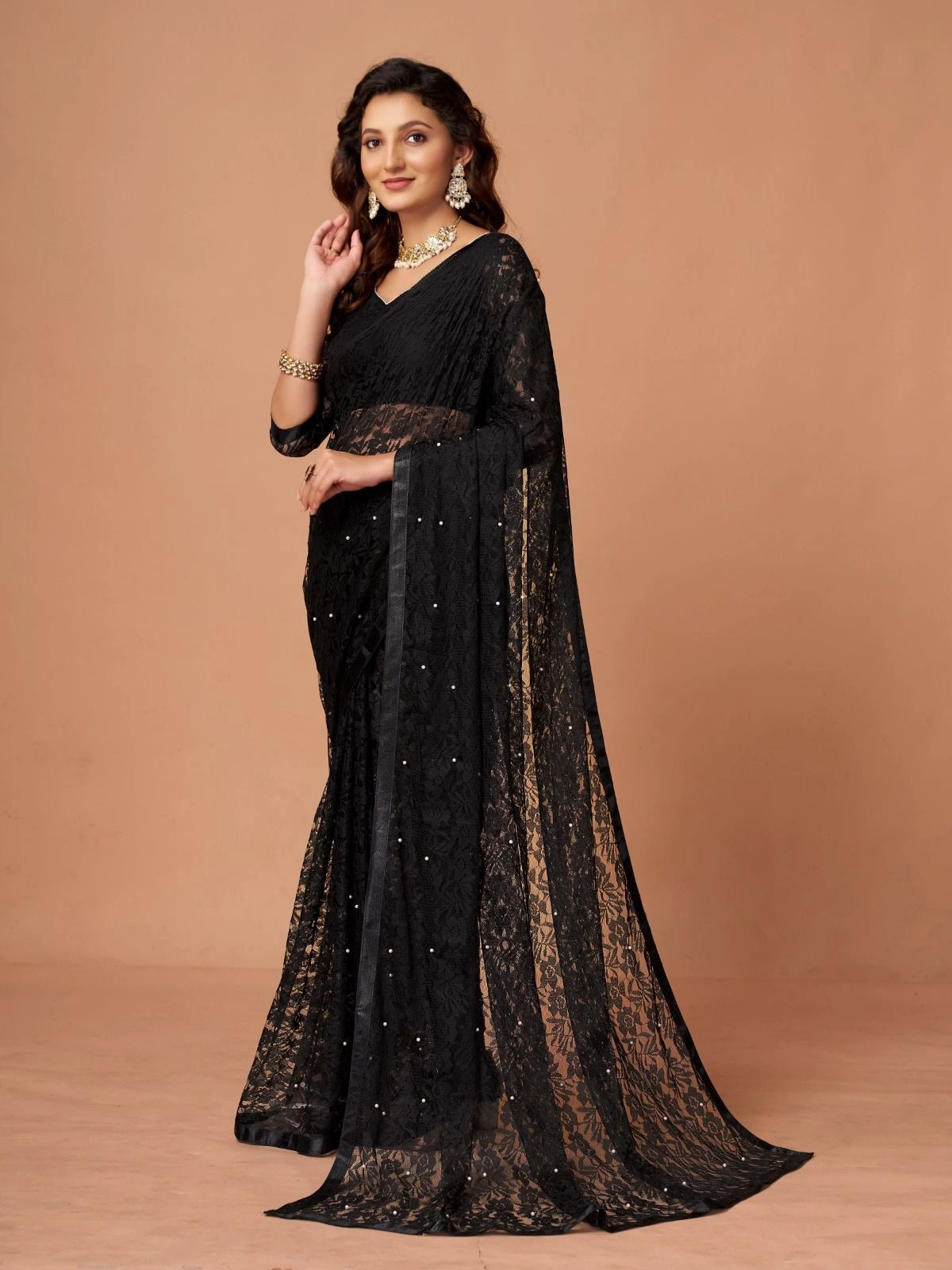 Soft Net Brasso Saree with Beautiful Flower Design and Jacquard Weaves-RDM-16-Black