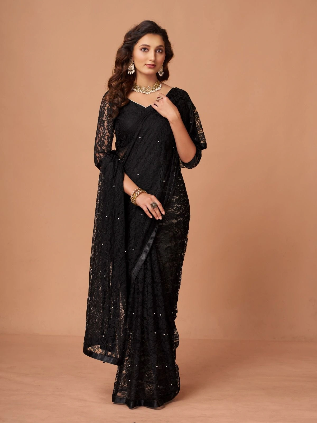 Soft Net Brasso Saree with Beautiful Flower Design and Jacquard Weaves-Black-1