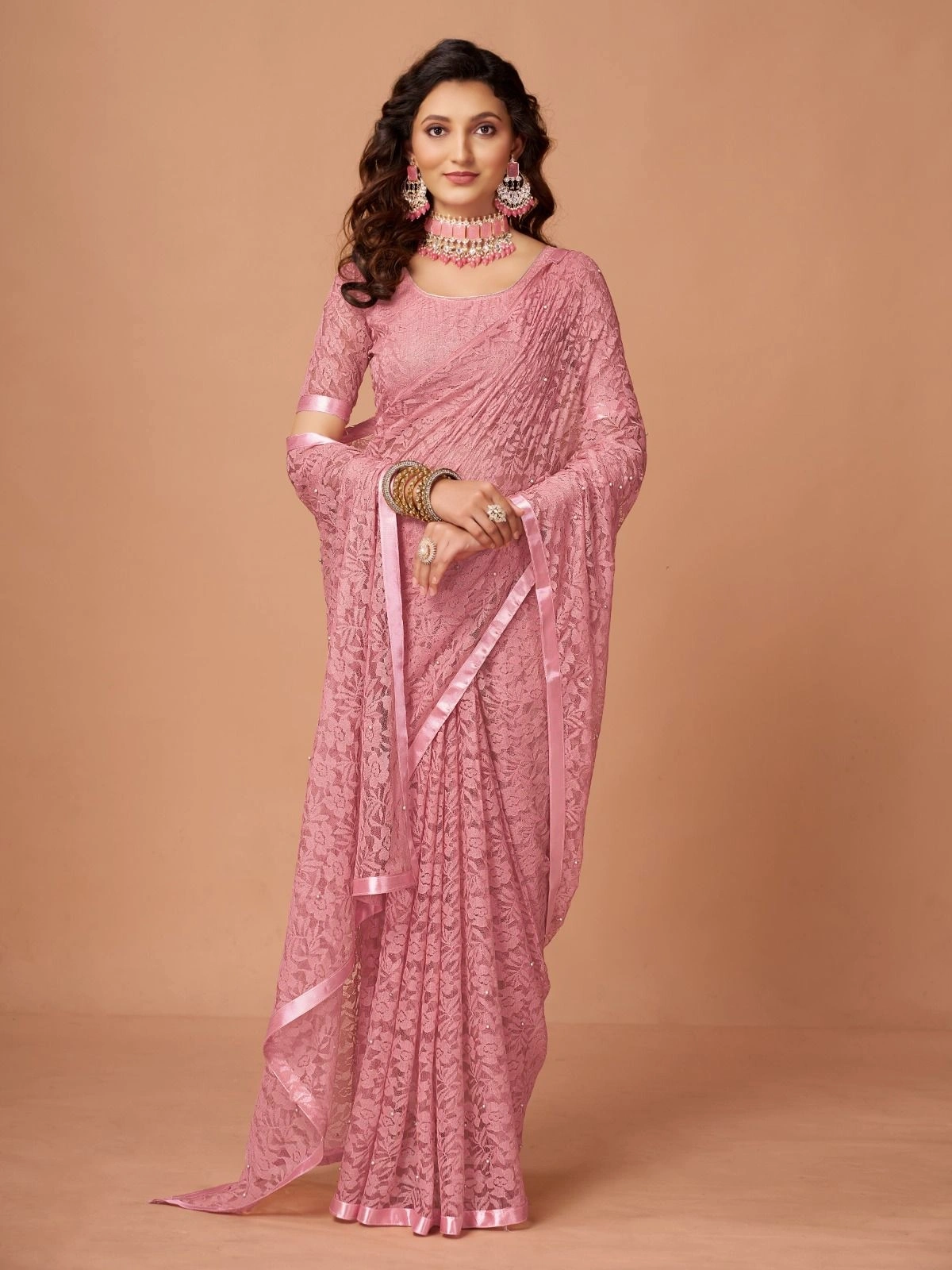 Soft Net Brasso Saree with Beautiful Flower Design and Jacquard Weaves-RDM-16-Peach