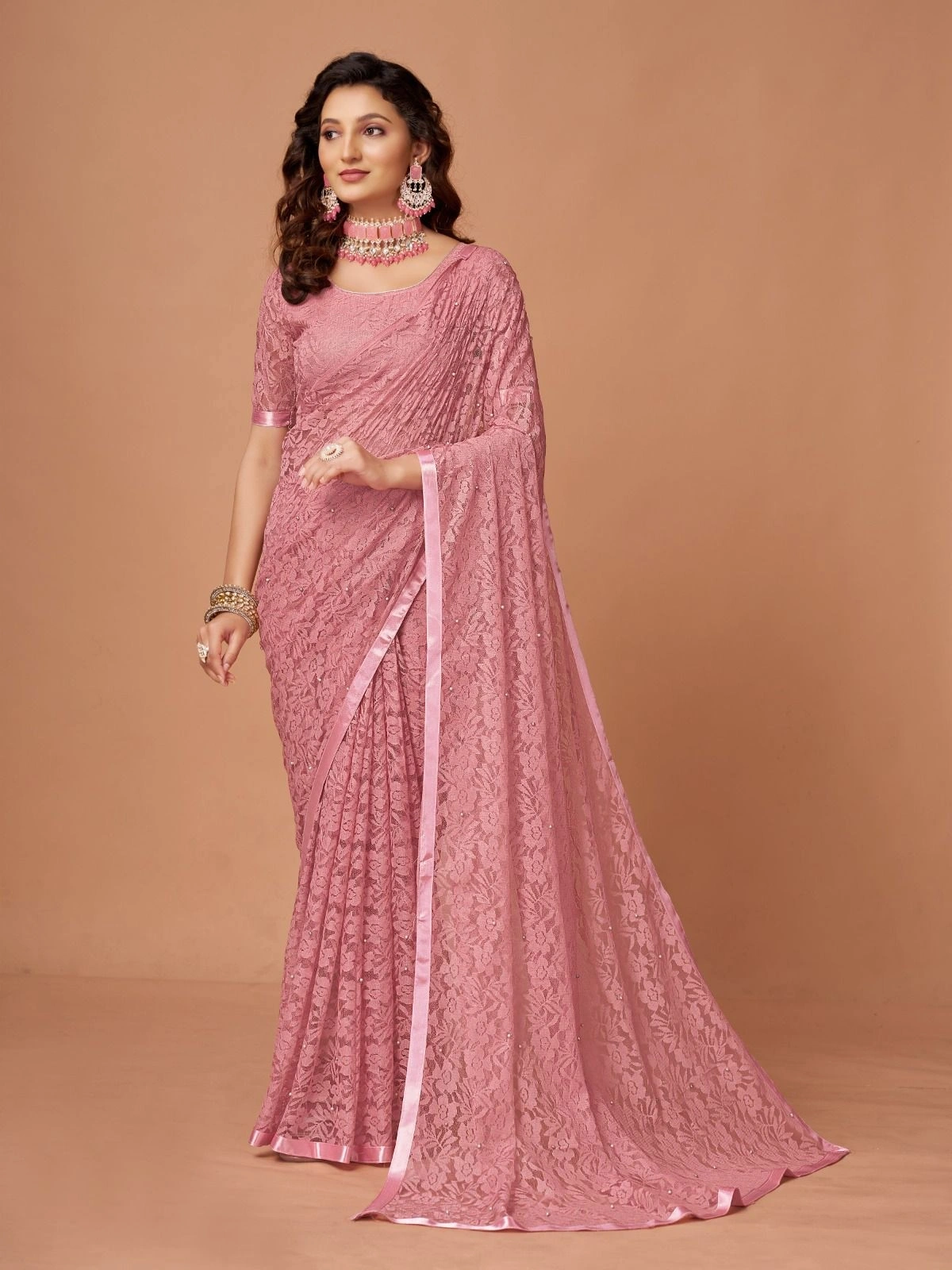 Soft Net Brasso Saree with Beautiful Flower Design and Jacquard Weaves-Peach-1