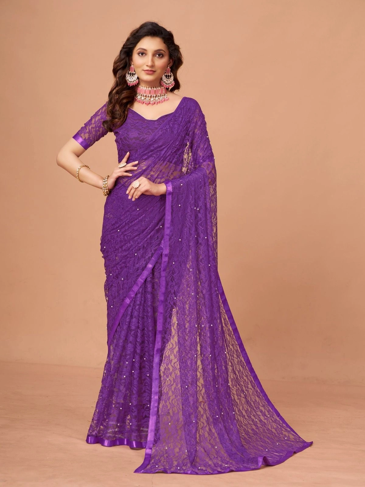 Soft Net Brasso Saree with Beautiful Flower Design and Jacquard Weaves-RDM-16-Purple