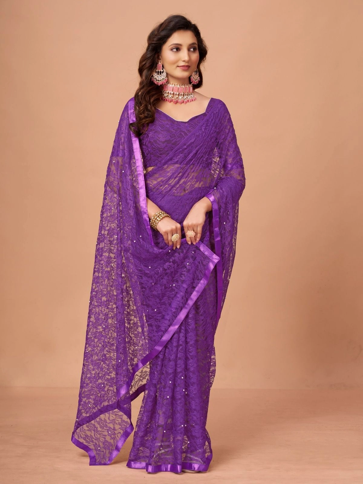 Soft Net Brasso Saree with Beautiful Flower Design and Jacquard Weaves-Purple-1