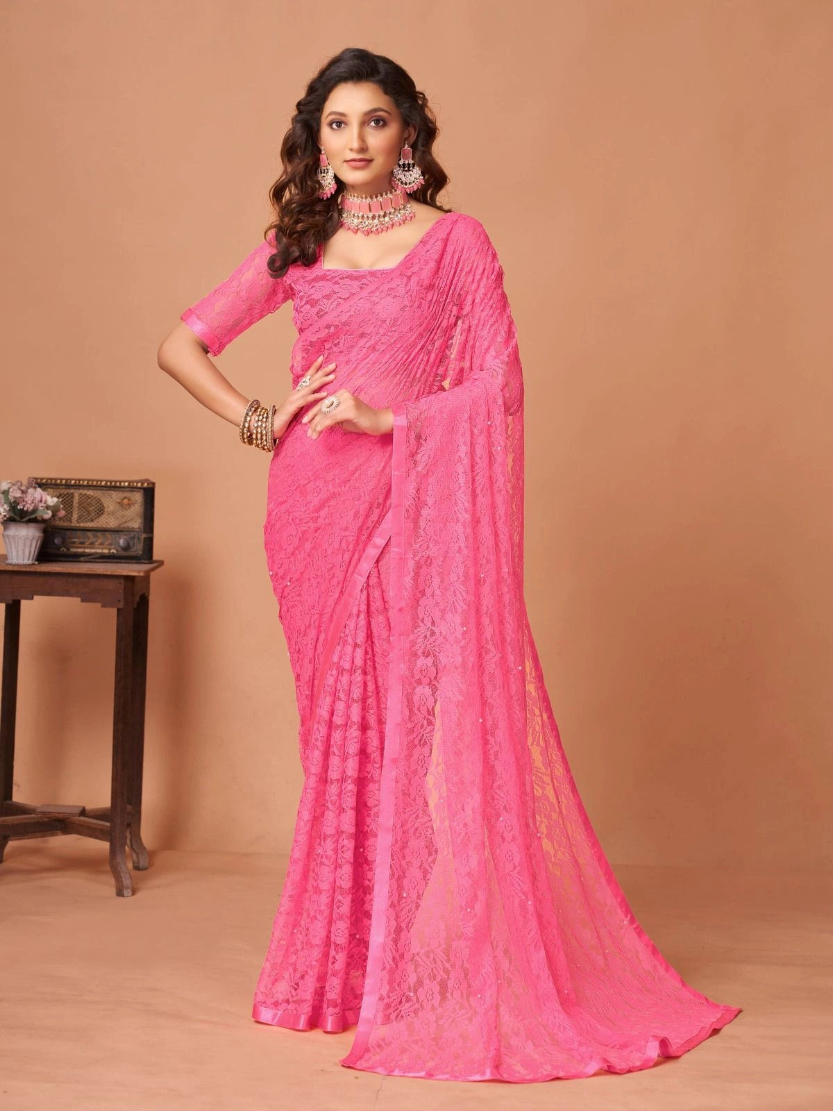 Soft Net Brasso Saree with Beautiful Flower Design and Jacquard Weaves-RDM-16-Pink