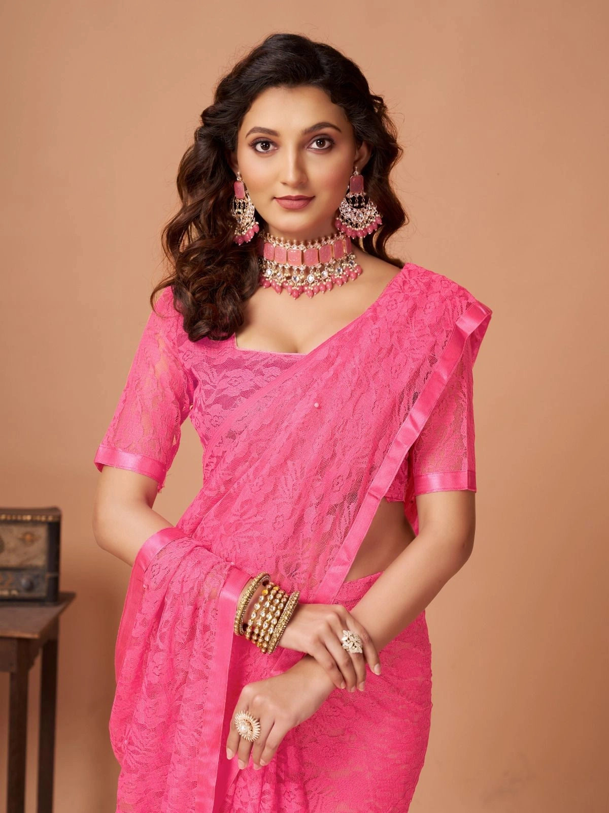 Soft Net Brasso Saree with Beautiful Flower Design and Jacquard Weaves-Pink-1