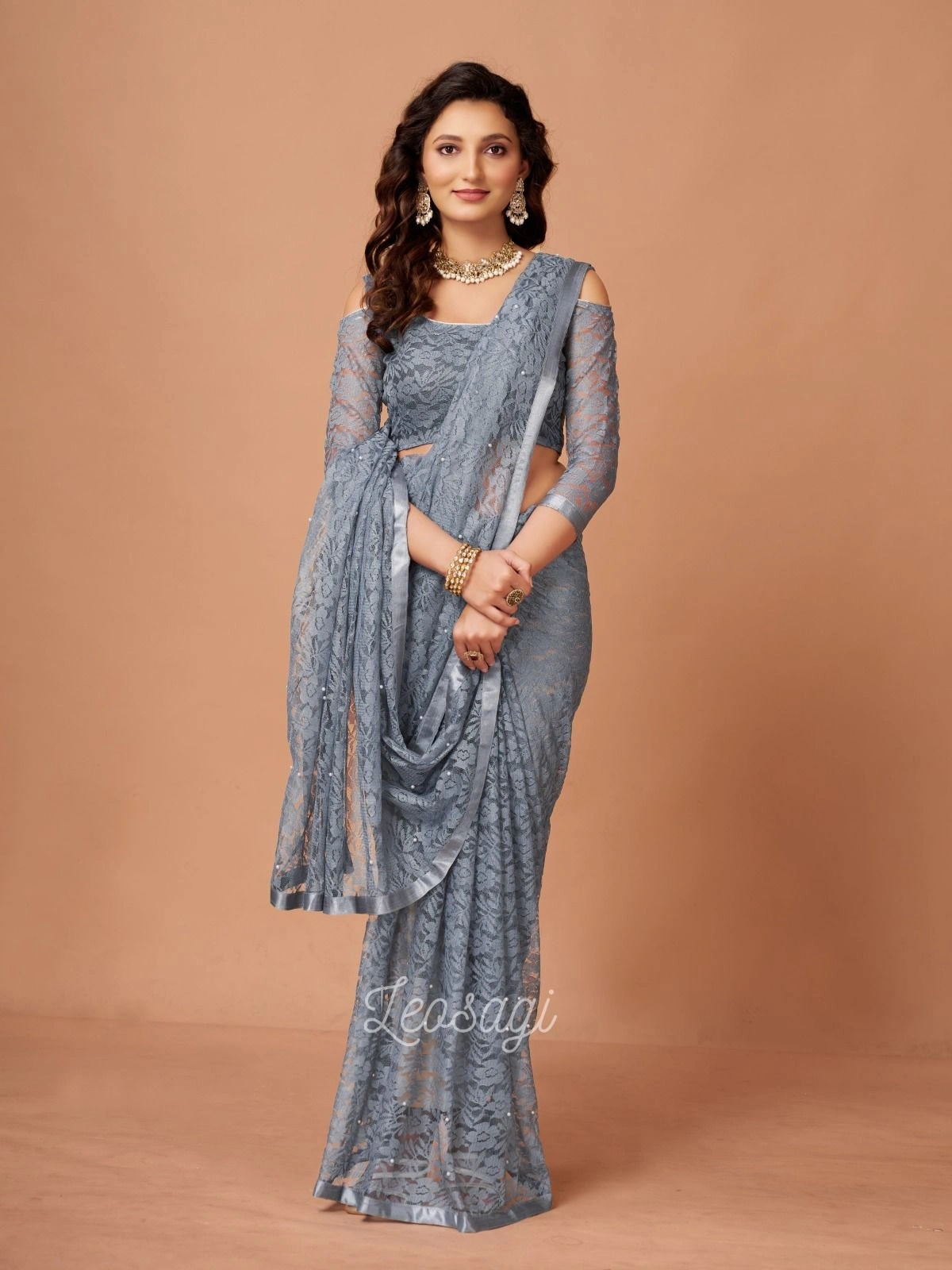 Soft Net Brasso Saree with Beautiful Flower Design and Jacquard Weaves-RDM-16-Grey