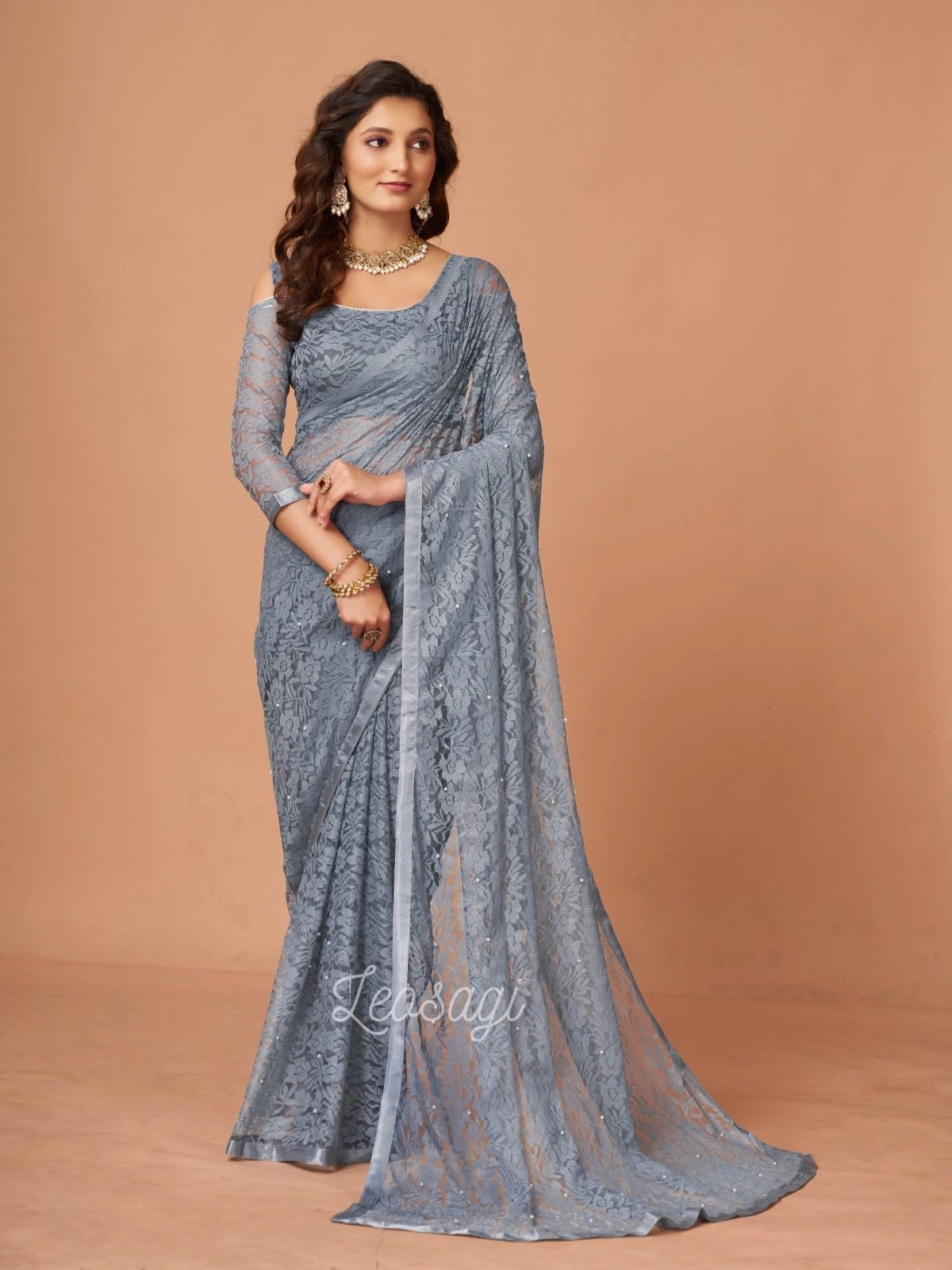 Soft Net Brasso Saree with Beautiful Flower Design and Jacquard Weaves-Grey-1