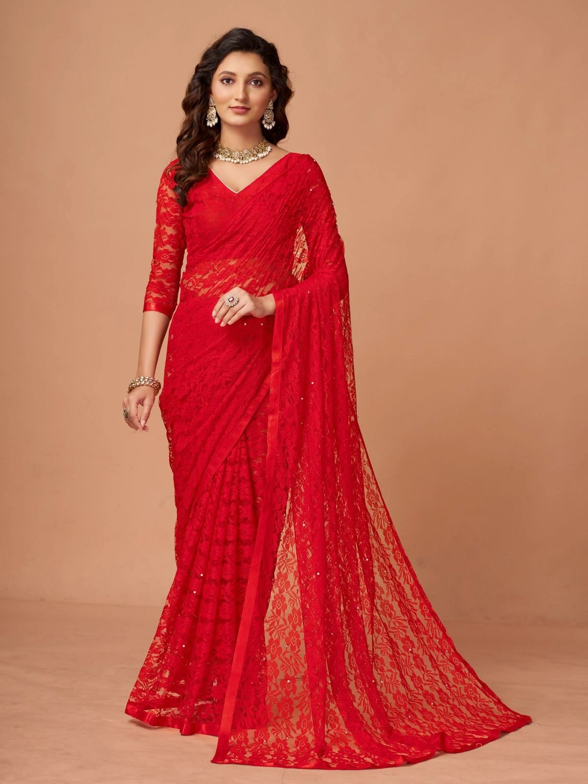 Soft Net Brasso Saree with Beautiful Flower Design and Jacquard Weaves-RDM-16-Red