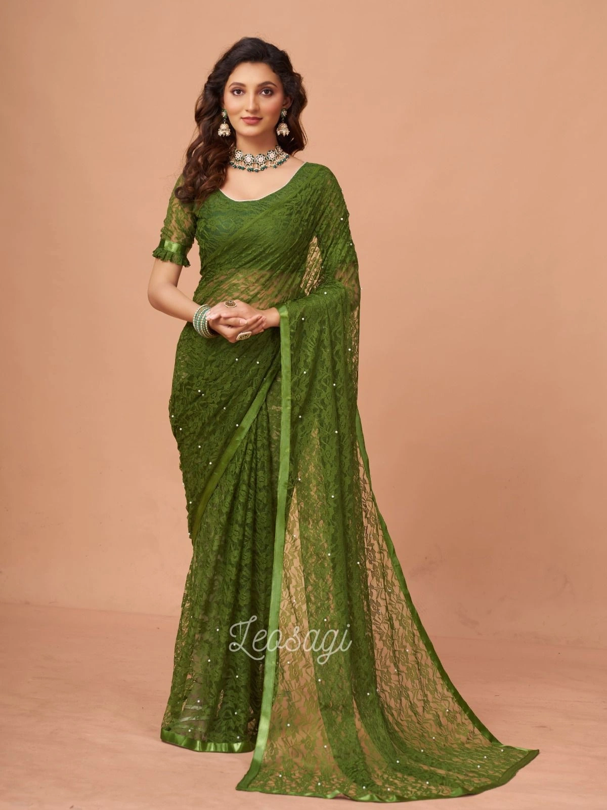 Soft Net Brasso Saree with Beautiful Flower Design and Jacquard Weaves-RDM-16-Green