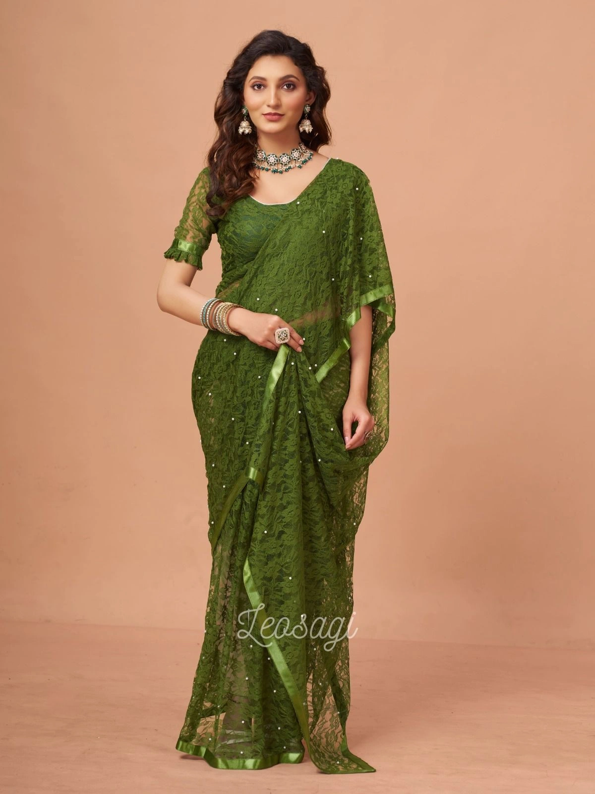 Soft Net Brasso Saree with Beautiful Flower Design and Jacquard Weaves-Green-1