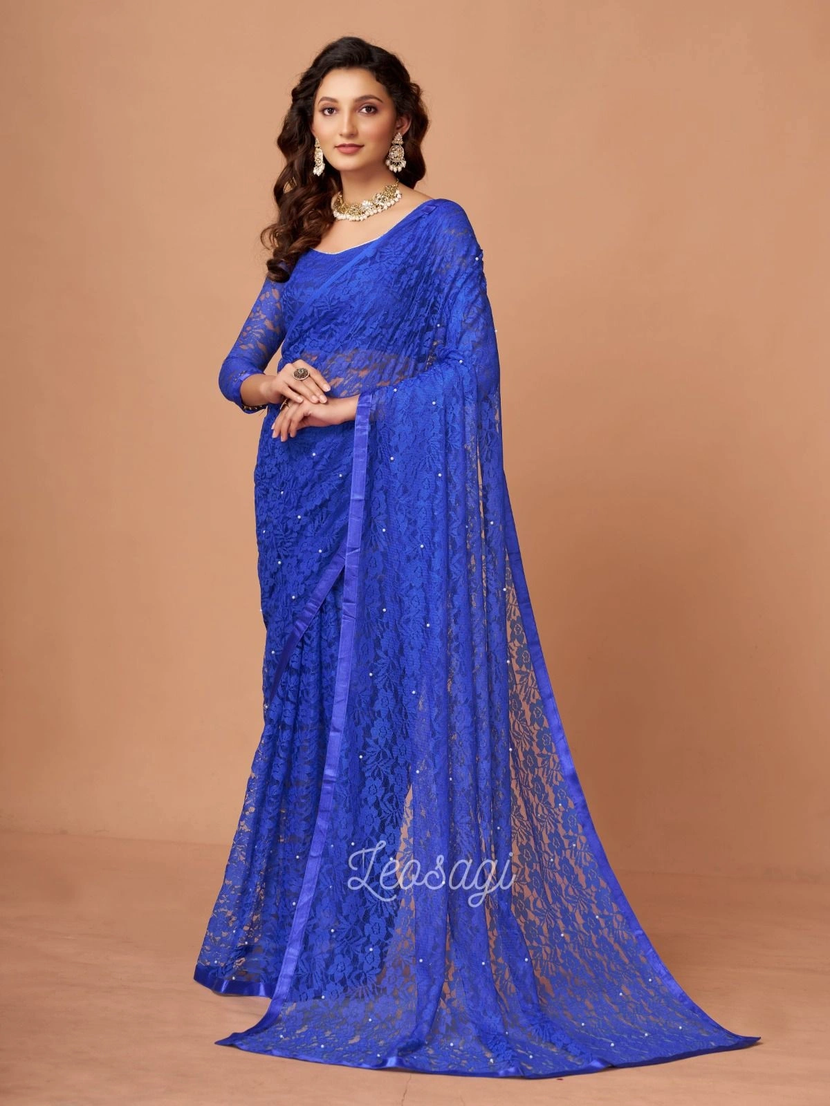 Soft Net Brasso Saree with Beautiful Flower Design and Jacquard Weaves-RDM-16-Blue