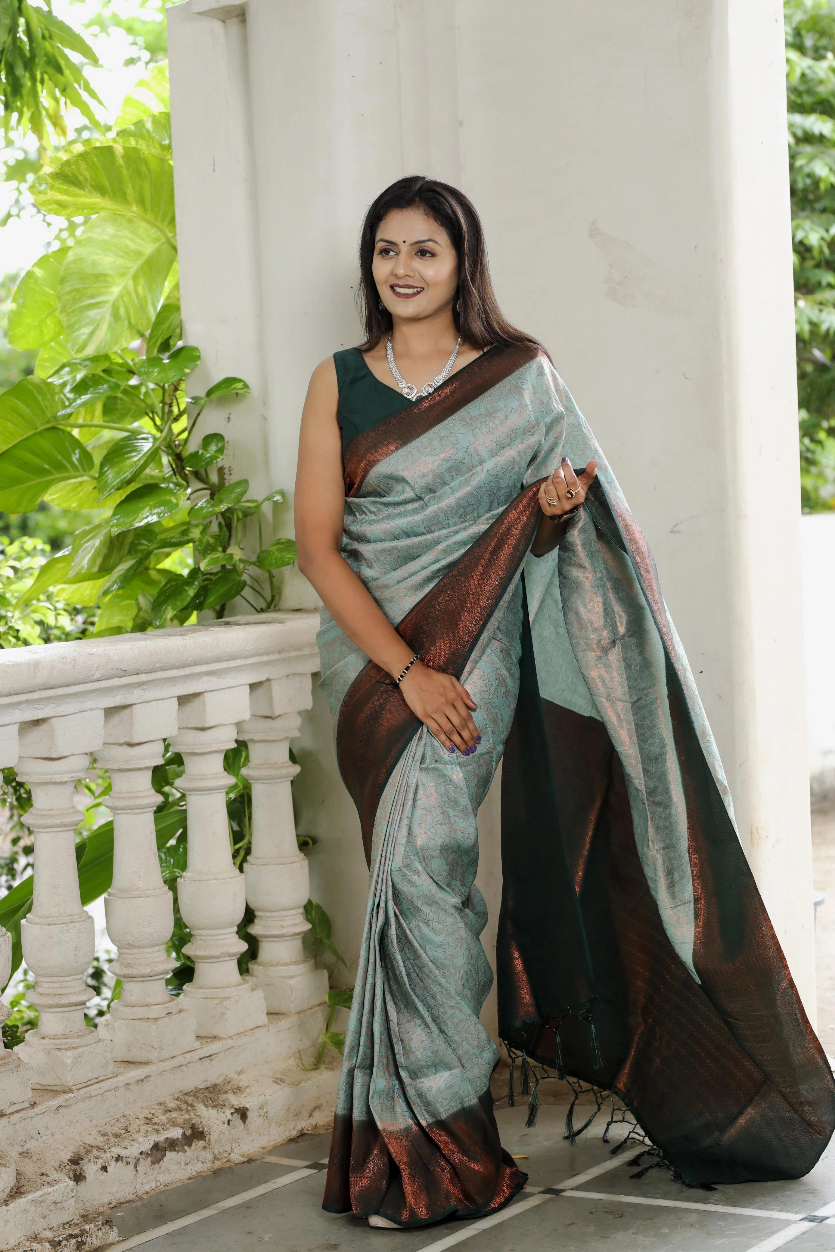 Soft Silk Saree with Rich Jacquard Work - 6.3m-Grey-1