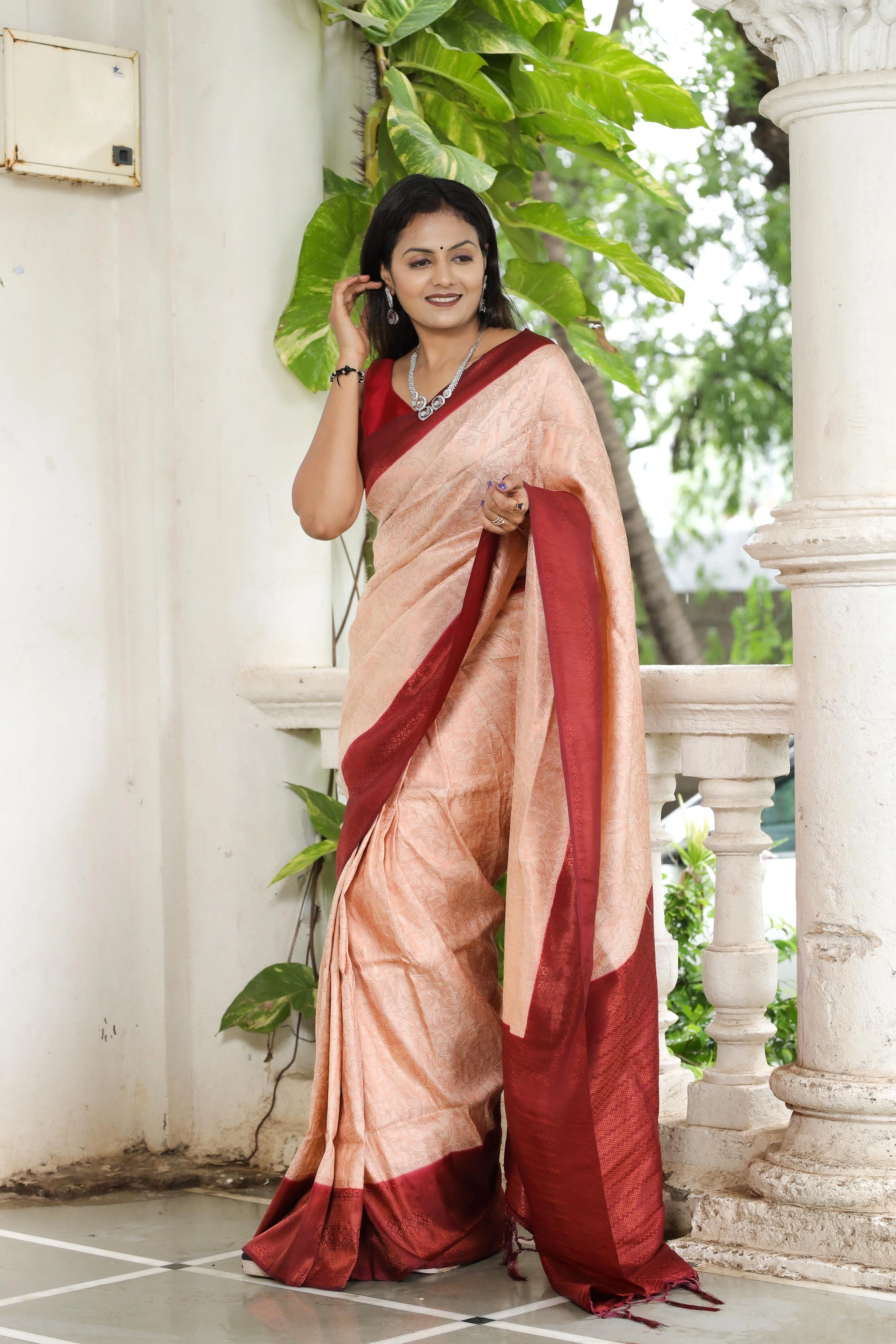 Soft Silk Saree with Rich Jacquard Work - 6.3m-Beige-2