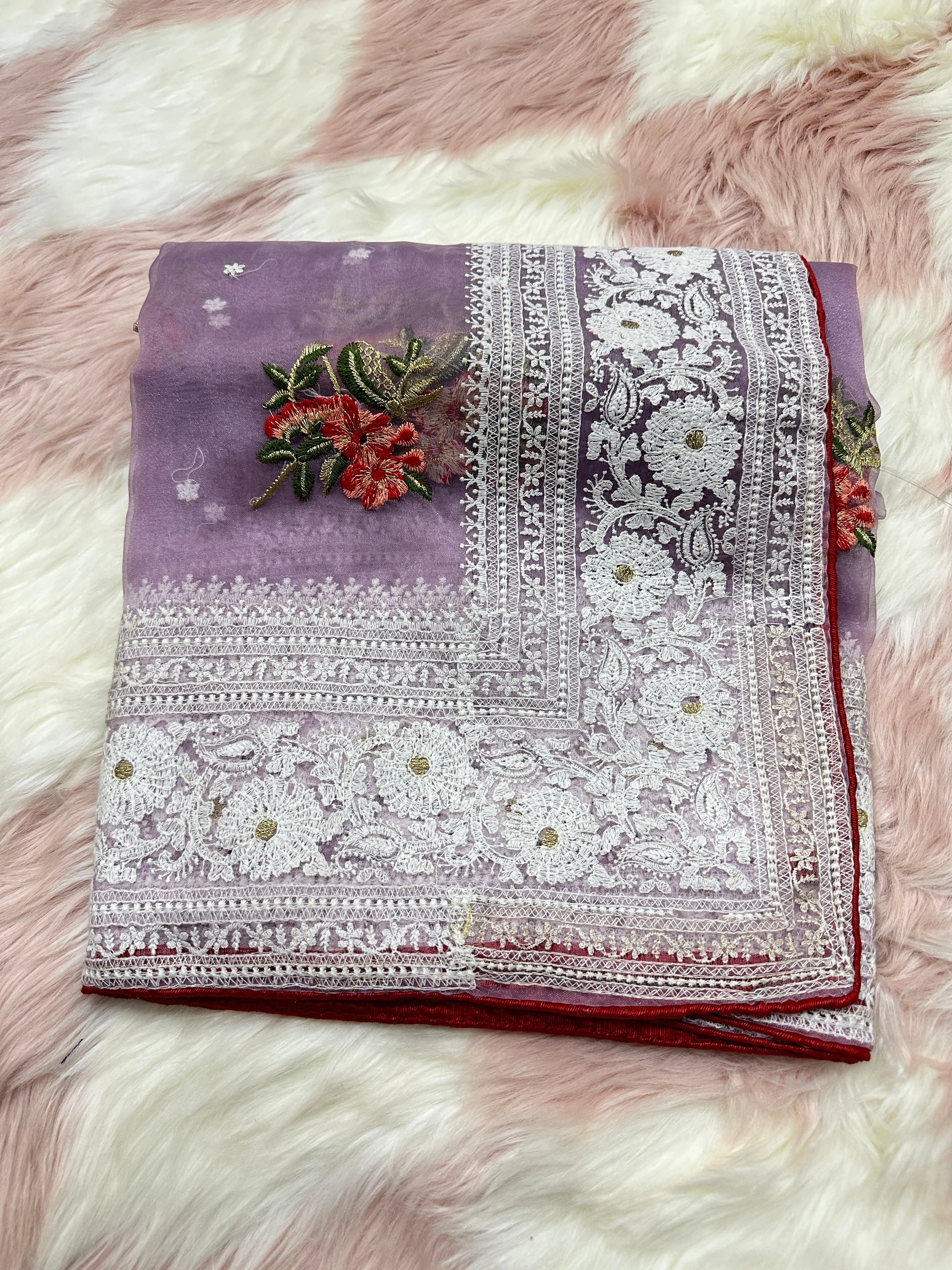 Refined Organza Silk Saree with Intricate Chikankari Embroidery-MPL-19-Lavander