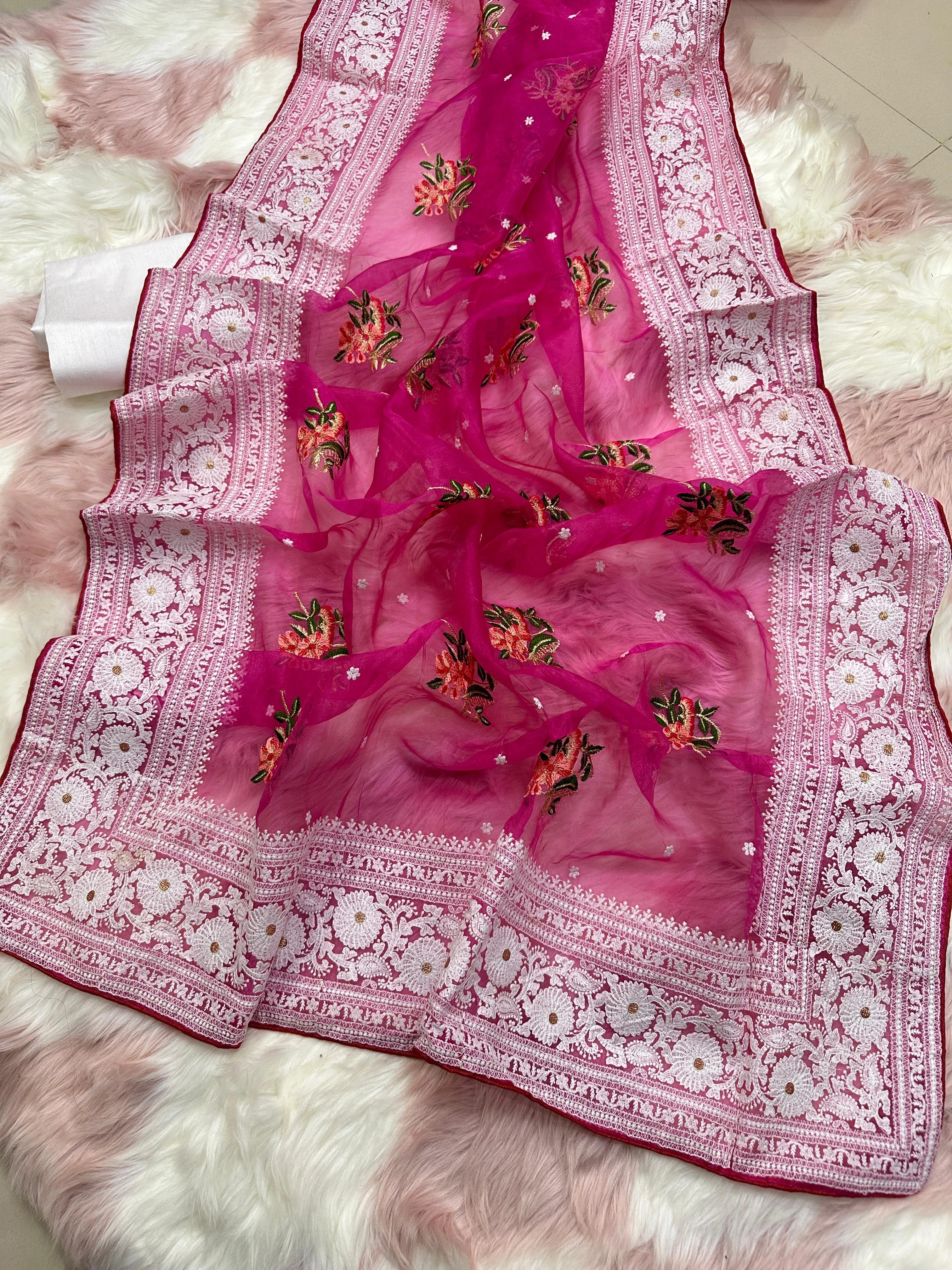 Refined Organza Silk Saree with Intricate Chikankari Embroidery-Red-1