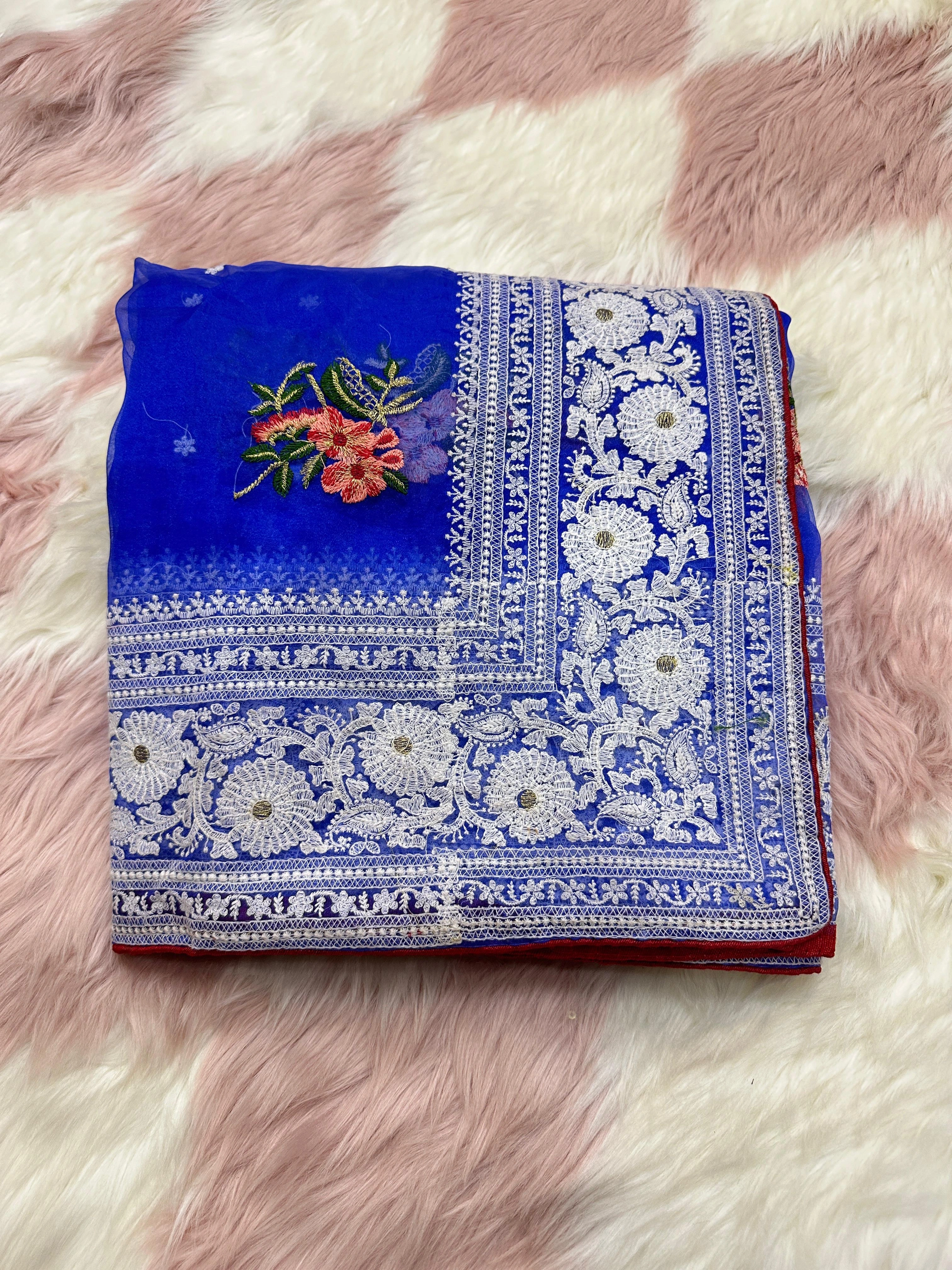 Refined Organza Silk Saree with Intricate Chikankari Embroidery-MPL-19-Blue