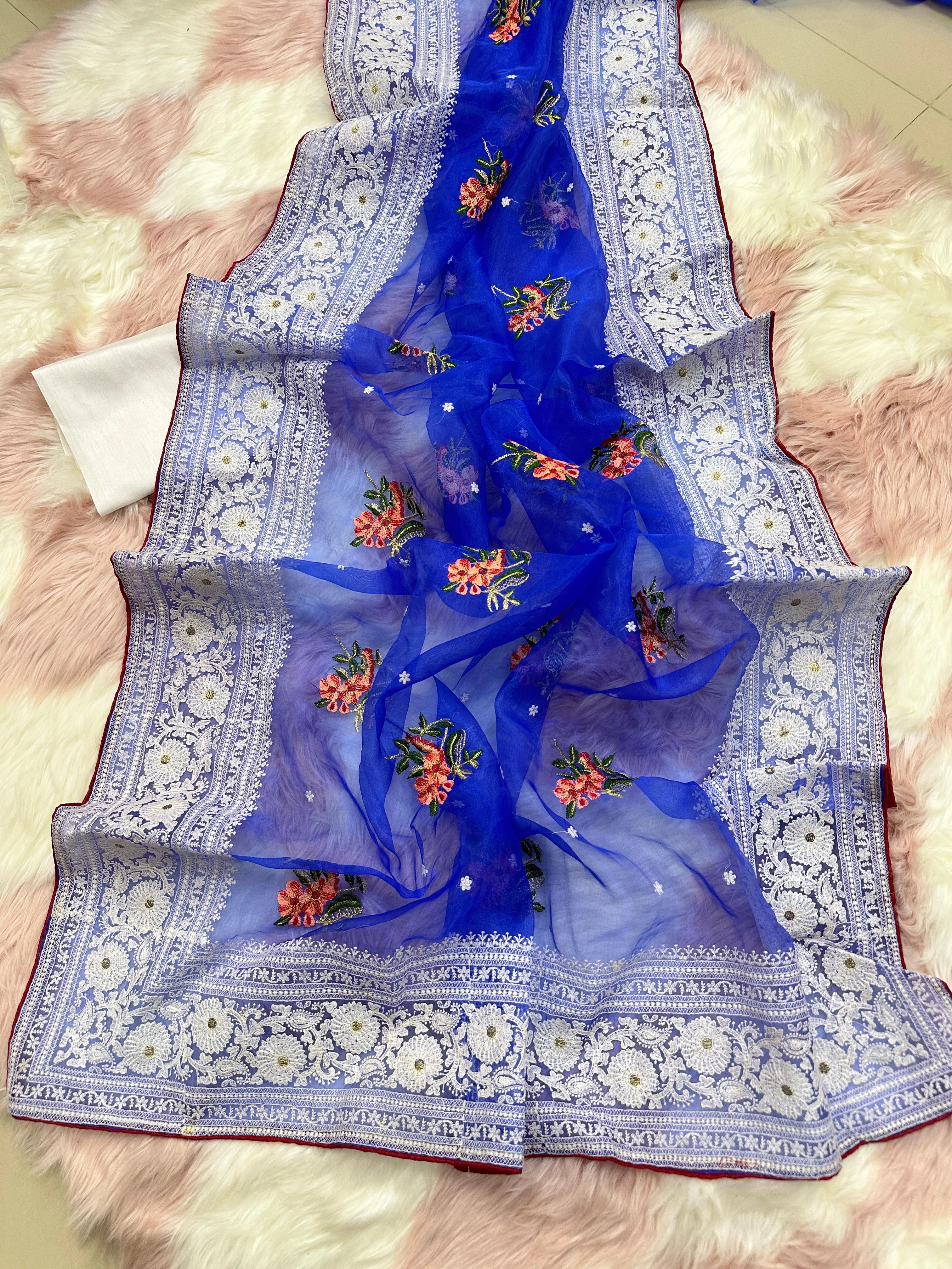 Refined Organza Silk Saree with Intricate Chikankari Embroidery-Blue-1