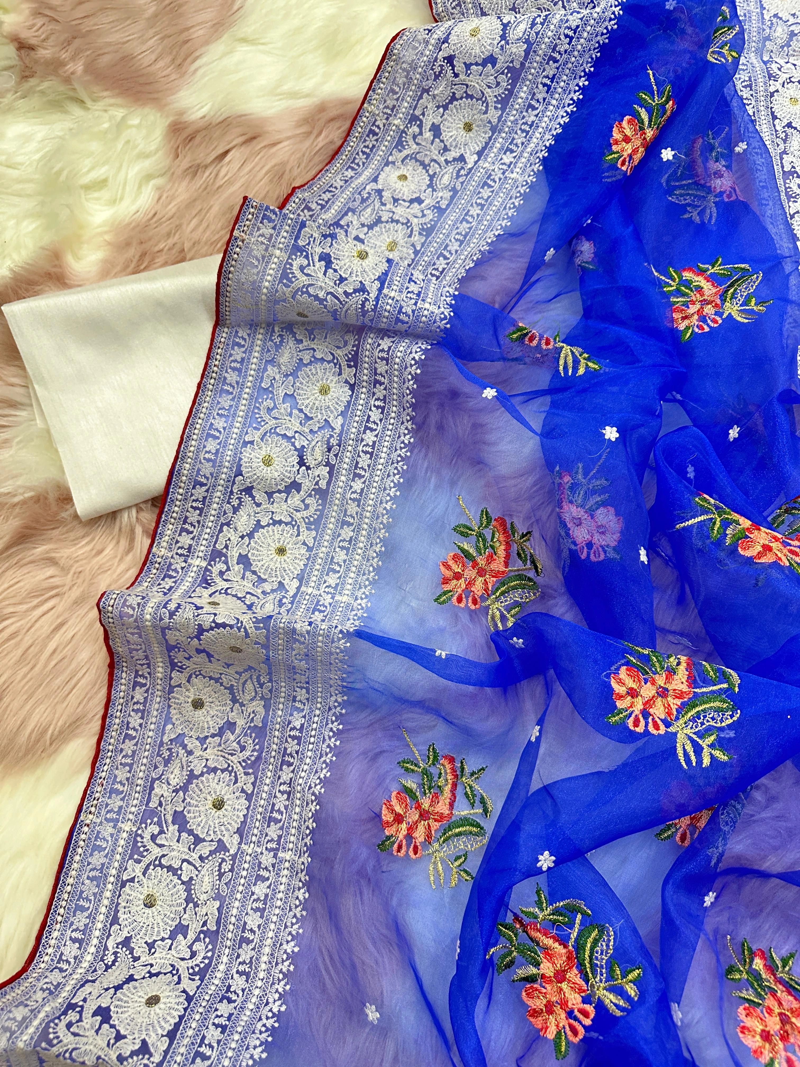 Refined Organza Silk Saree with Intricate Chikankari Embroidery-Blue-2