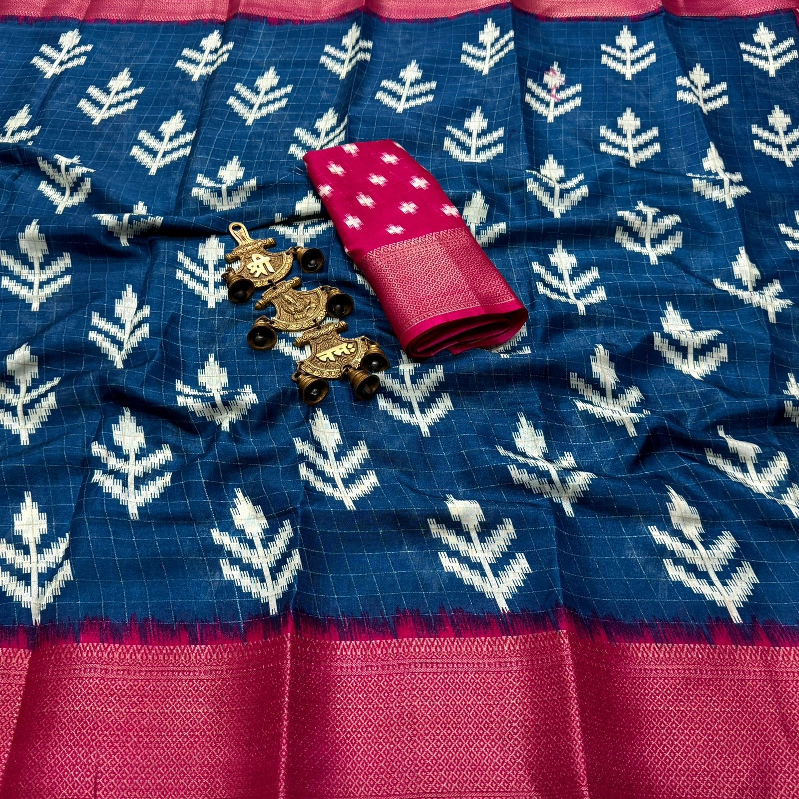 Floral Elegance: Dola Saree with Gold Borders and Blouse-Peacock Blue-1