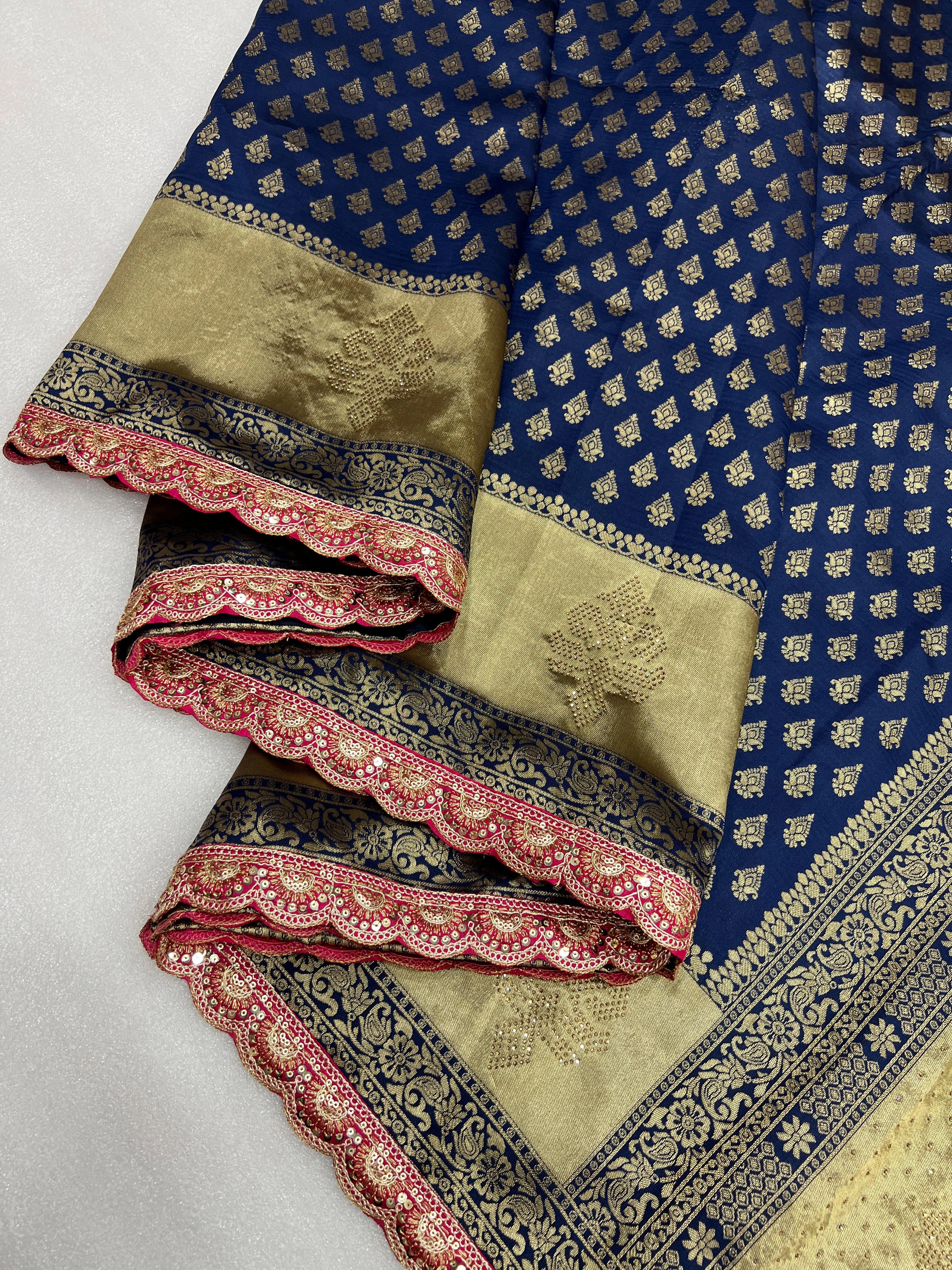 Banarasi Silk Saree with Zari Weaving and Syroski Work-Peacock Blue-1