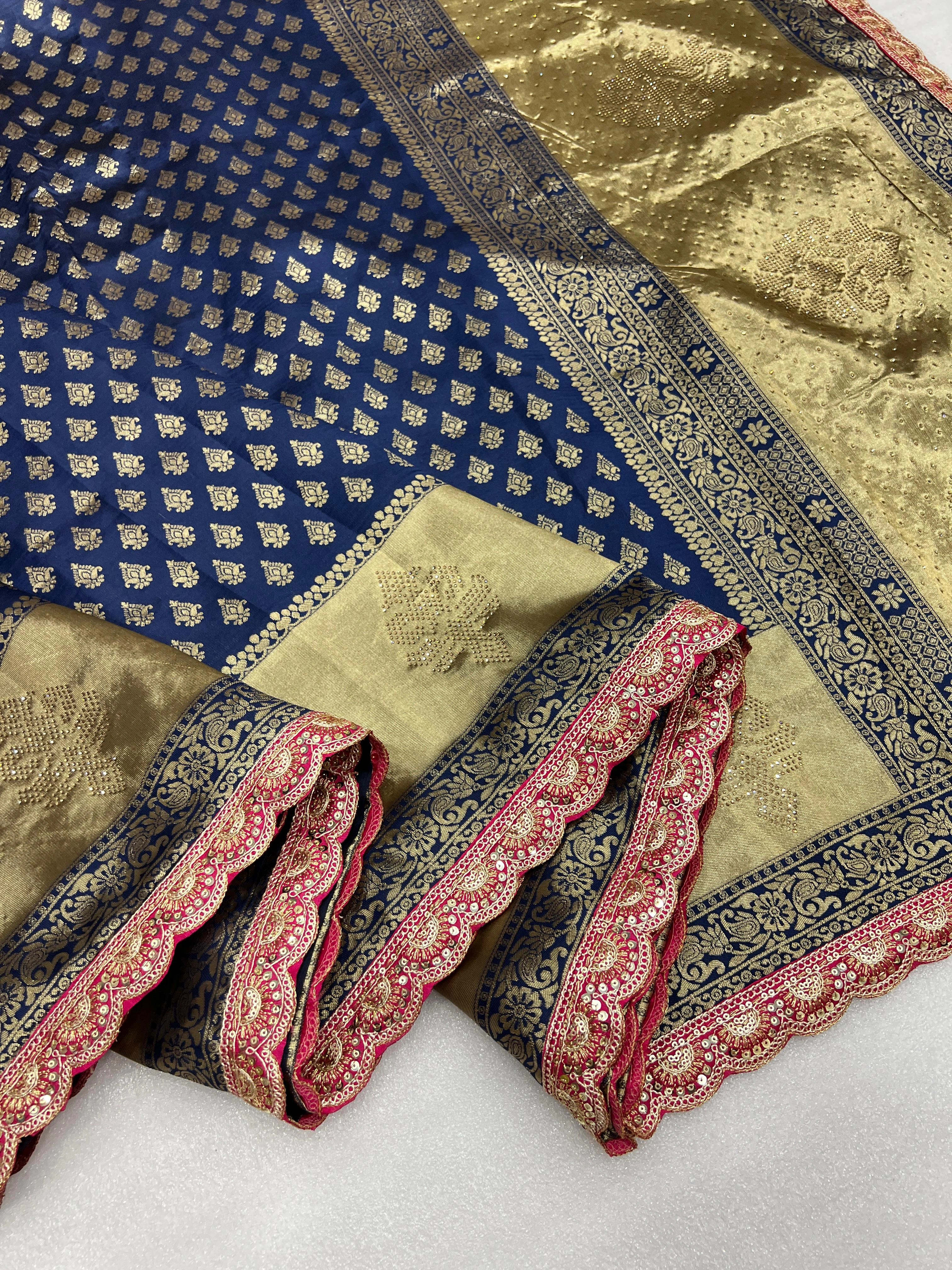 Banarasi Silk Saree with Zari Weaving and Syroski Work-Peacock Blue-2