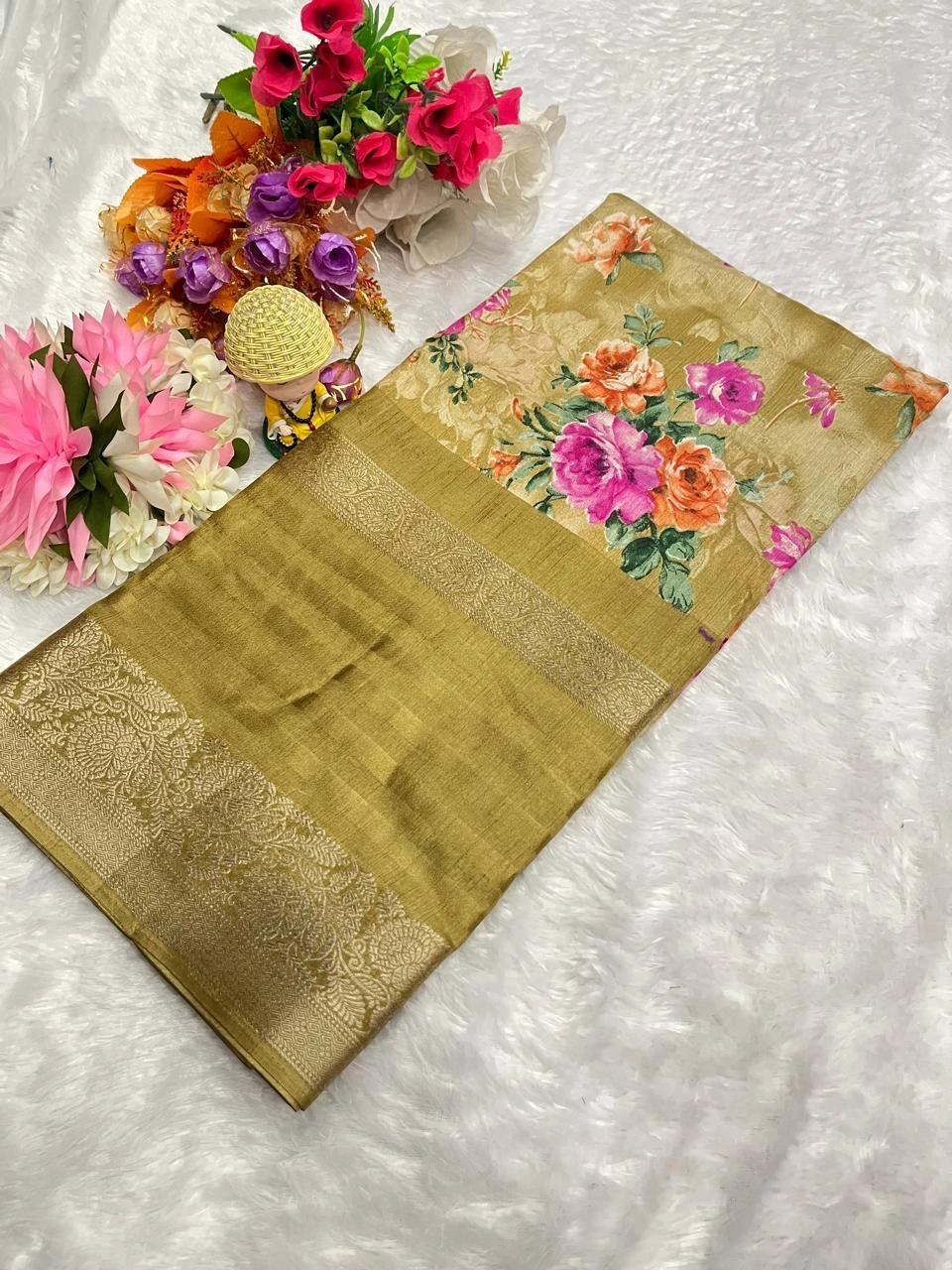 Beautiful Dola Silk Saree with All-Over Jequrd Border and Running Blouse-RKC-09-Mehendi