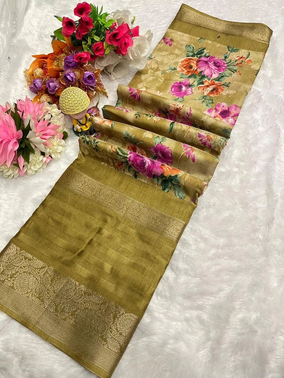 Beautiful Dola Silk Saree with All-Over Jequrd Border and Running Blouse-Mehendi-1