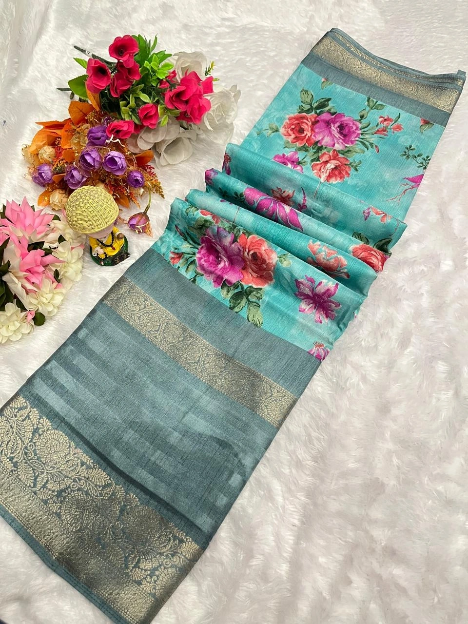 Beautiful Dola Silk Saree with All-Over Jequrd Border and Running Blouse-Sky Blue-1