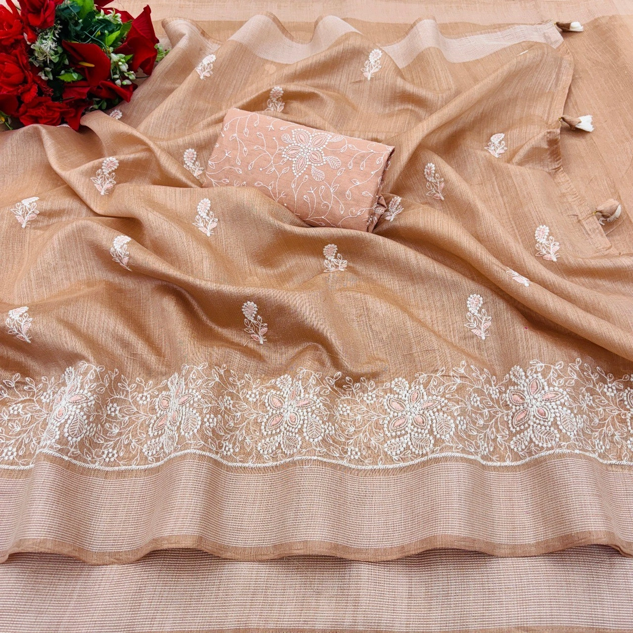 Cotton Embroidery Saree with Elegant Panel Work-Beige-1