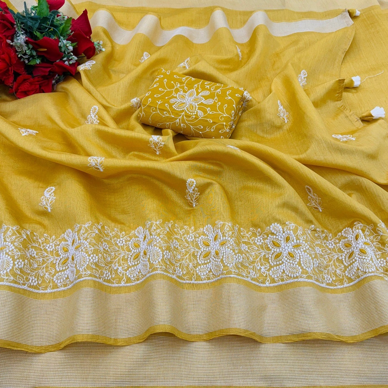 Cotton Embroidery Saree with Elegant Panel Work-RDD-08-Yellow