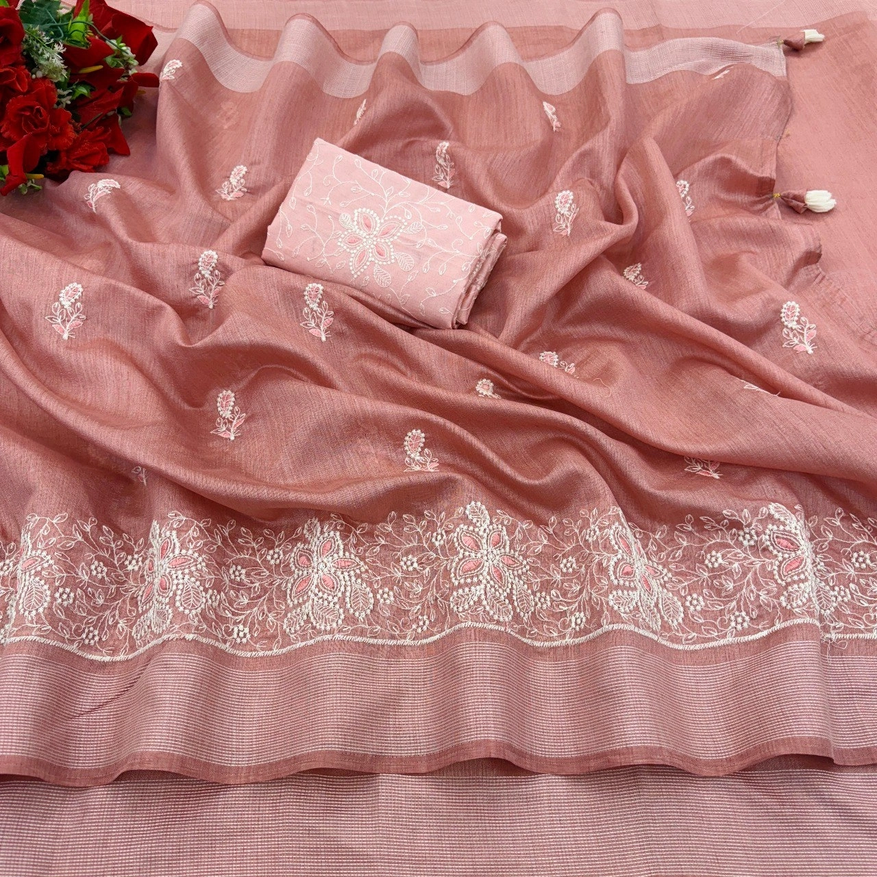 Cotton Embroidery Saree with Elegant Panel Work-RDD-08-Peach