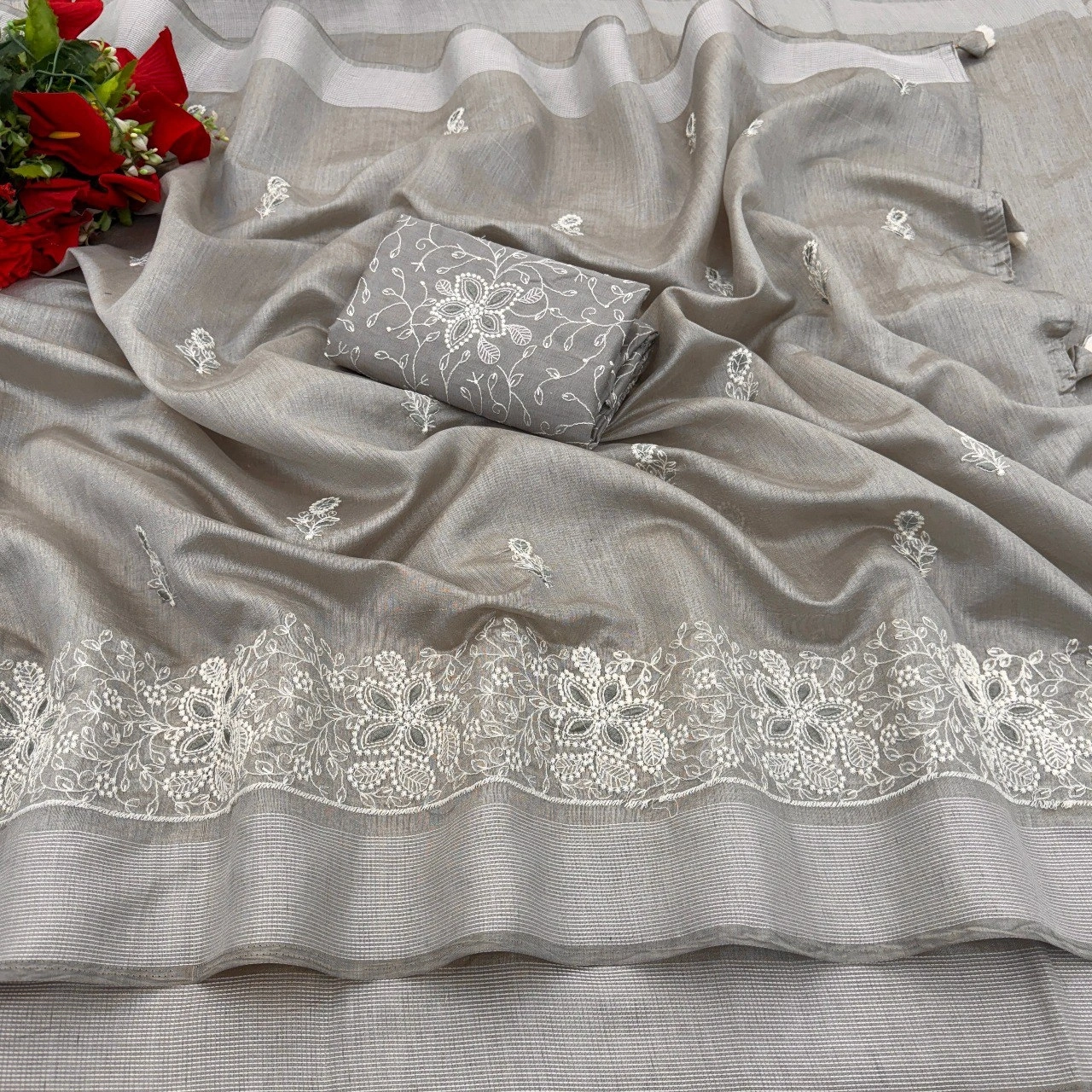 Cotton Embroidery Saree with Elegant Panel Work-Grey-1