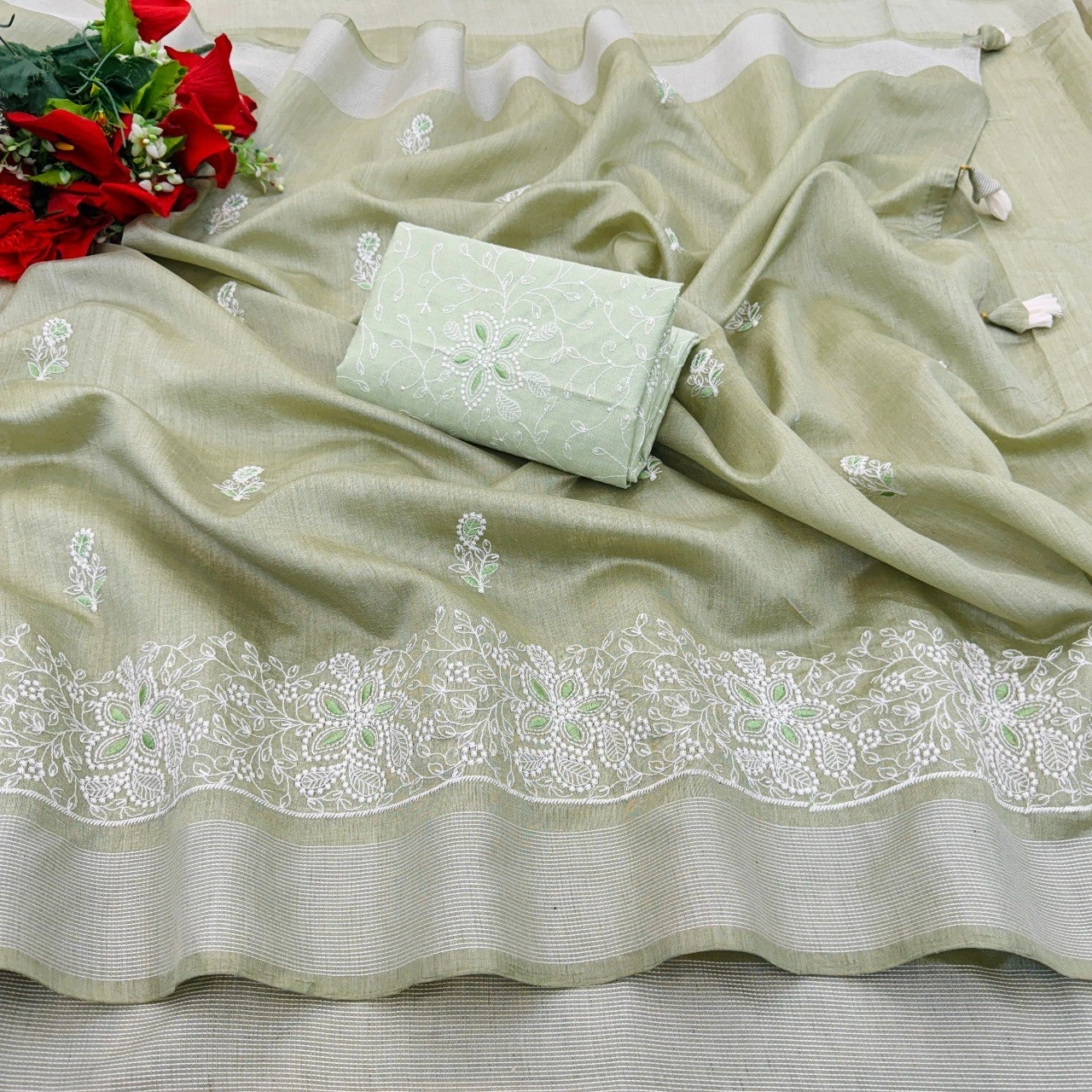 Cotton Embroidery Saree with Elegant Panel Work-Green-2