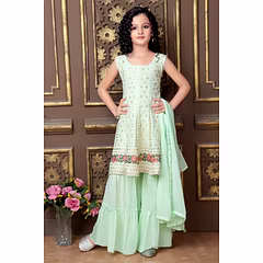 Stunning Heavy Fox Georgette Fully Stitched Sharara Set with Threaded Embroidery - Perfect for Young Fashionistas!